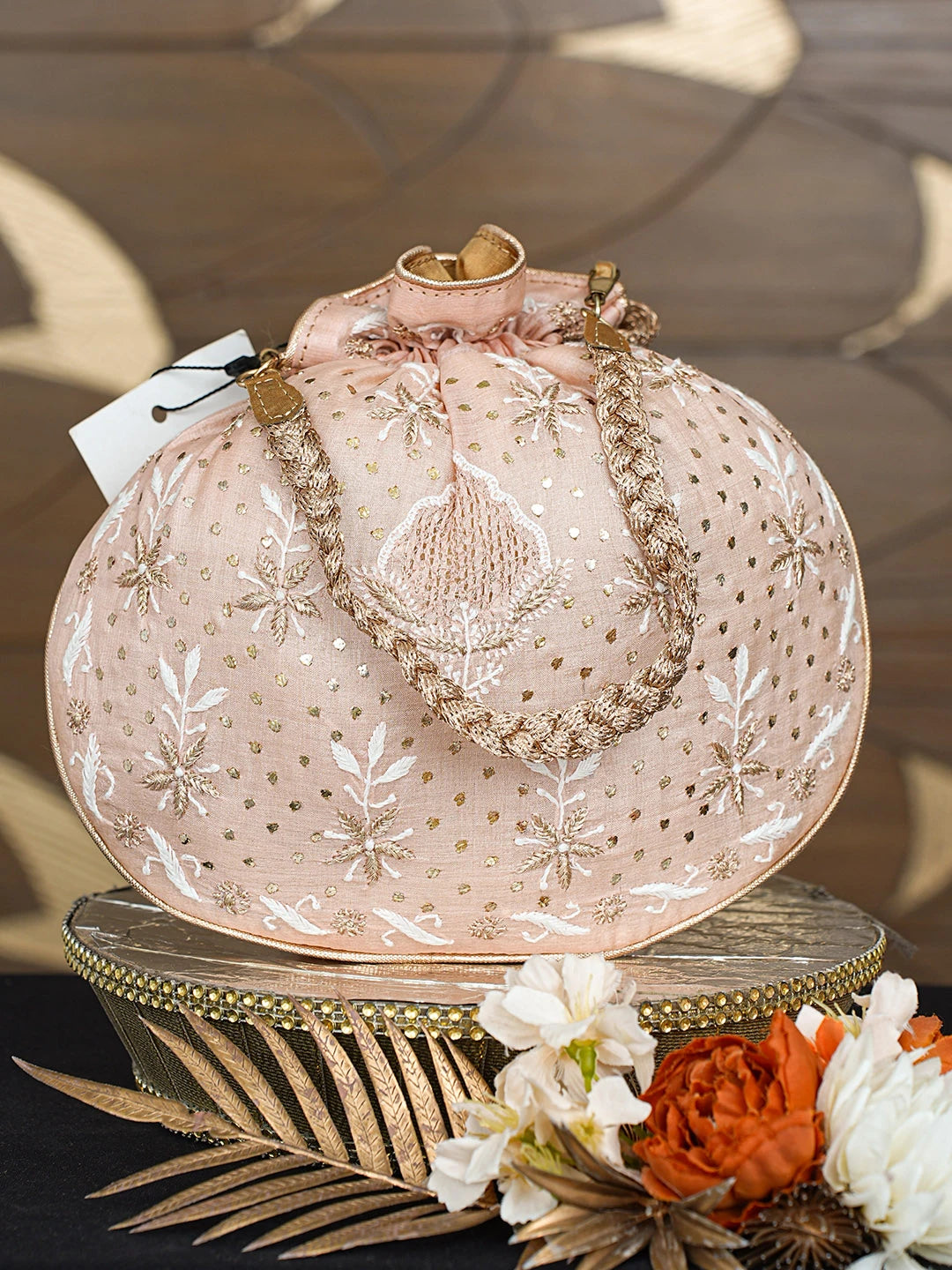 Ada Hand Embroidered Peach Silk Lucknowi Chikankari Potli Bag With Mukaish Work 01A680721