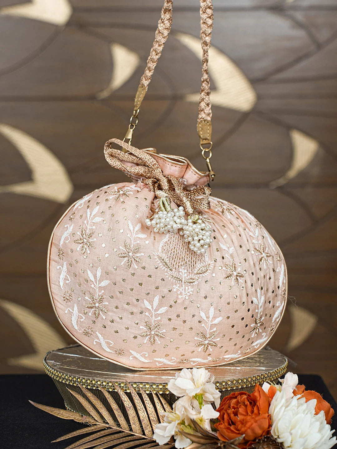 Ada Hand Embroidered Peach Silk Lucknowi Chikankari Potli Bag With Mukaish Work 01A680721