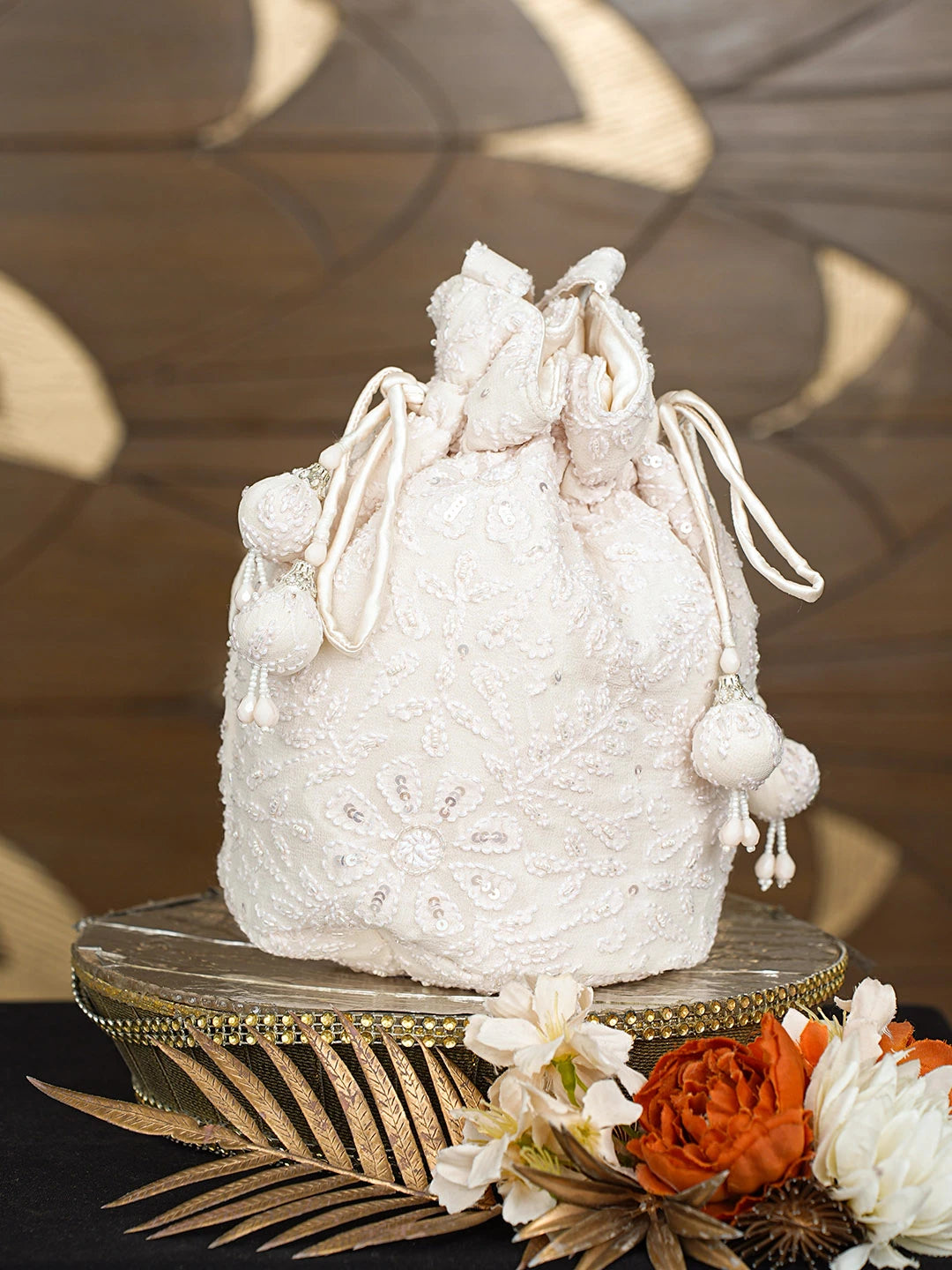 Ada Hand Embroidered Cream Pure Georgette Lucknowi Chikankari Potli Bag With Cutdana Work 08A503317