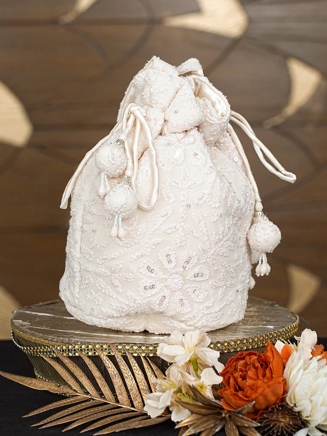 Ada Hand Embroidered Cream Pure Georgette Lucknowi Chikankari Potli Bag With Cutdana Work 08A503317