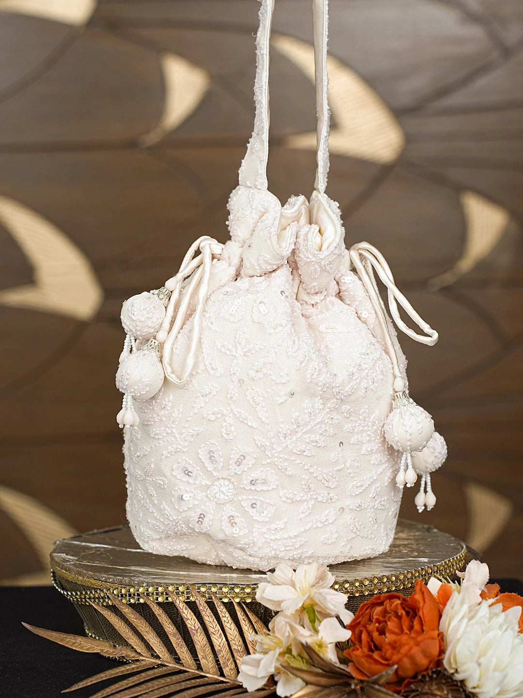Ada Hand Embroidered Cream Pure Georgette Lucknowi Chikankari Potli Bag With Cutdana Work 08A503317