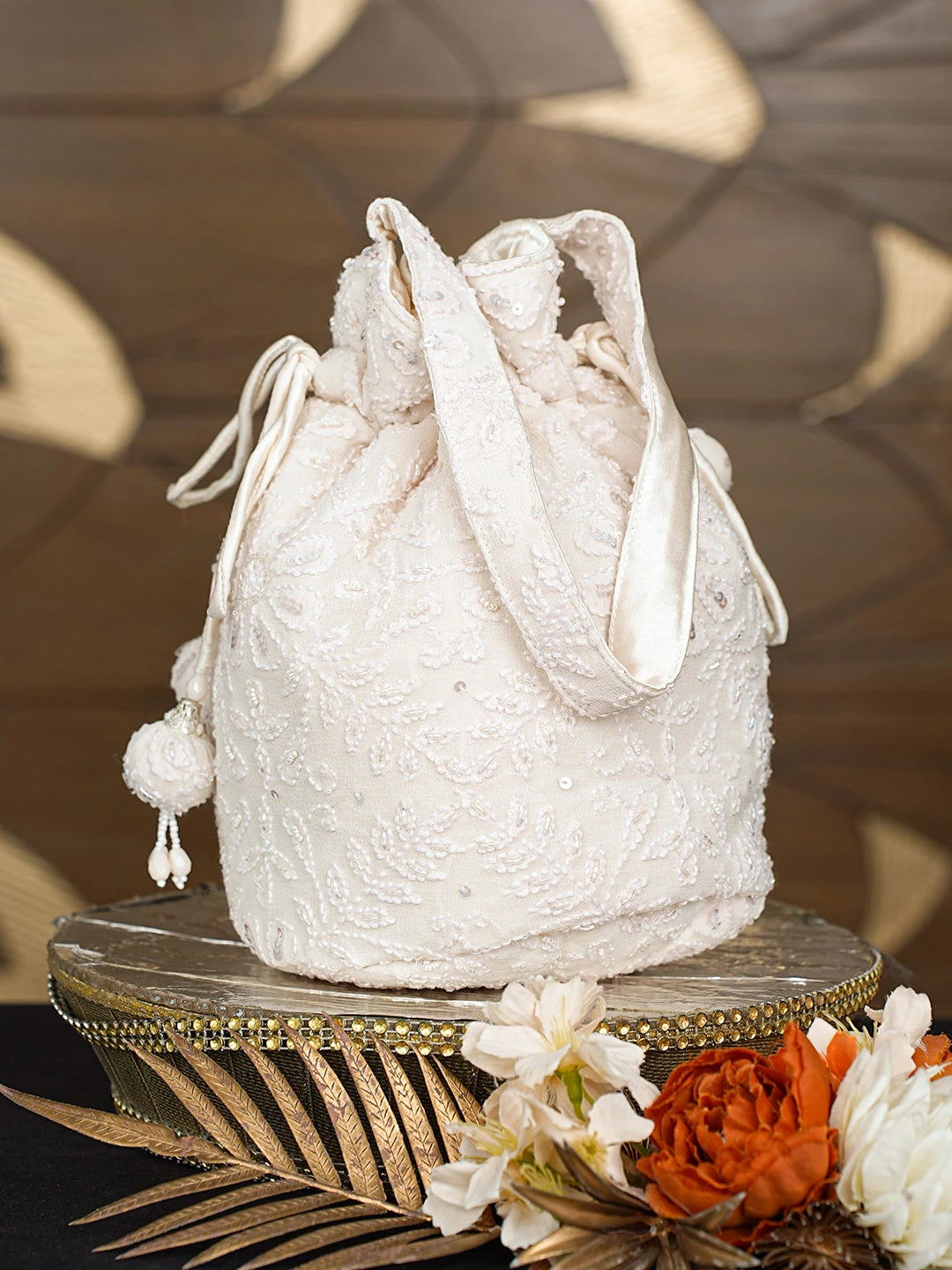 Ada Hand Embroidered Cream Pure Georgette Lucknowi Chikankari Potli Bag With Cutdana Work 08A503317