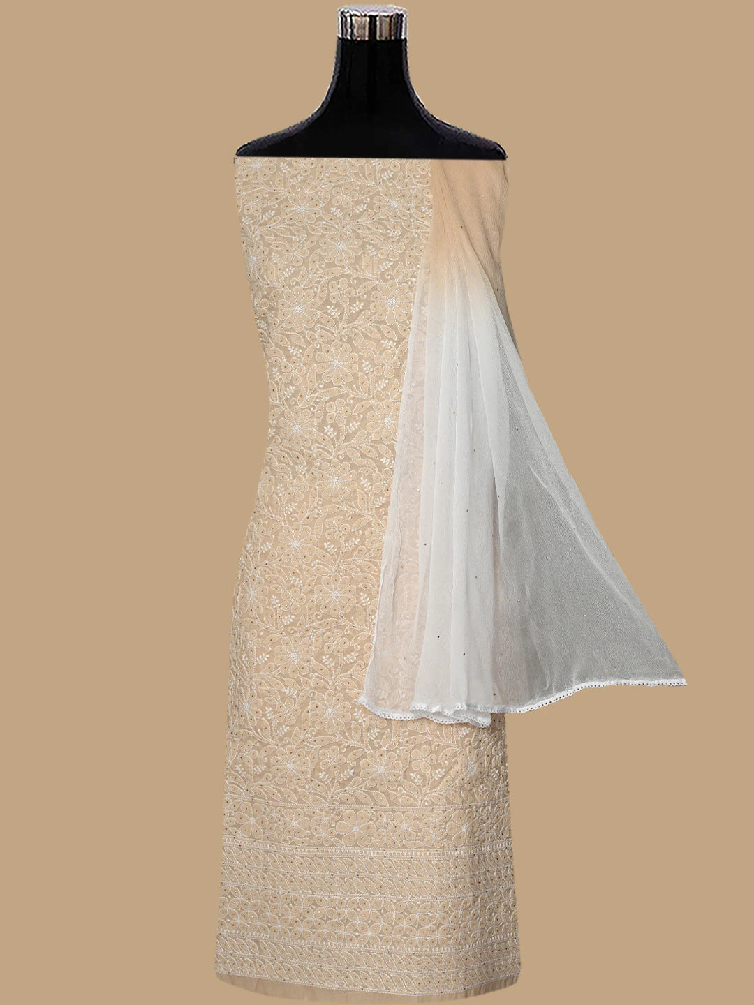 Ada Hand Embroidered Fawn Cotton Lucknowi Chikankari Unstitched Suit Piece With Mukaish Work 01A847356