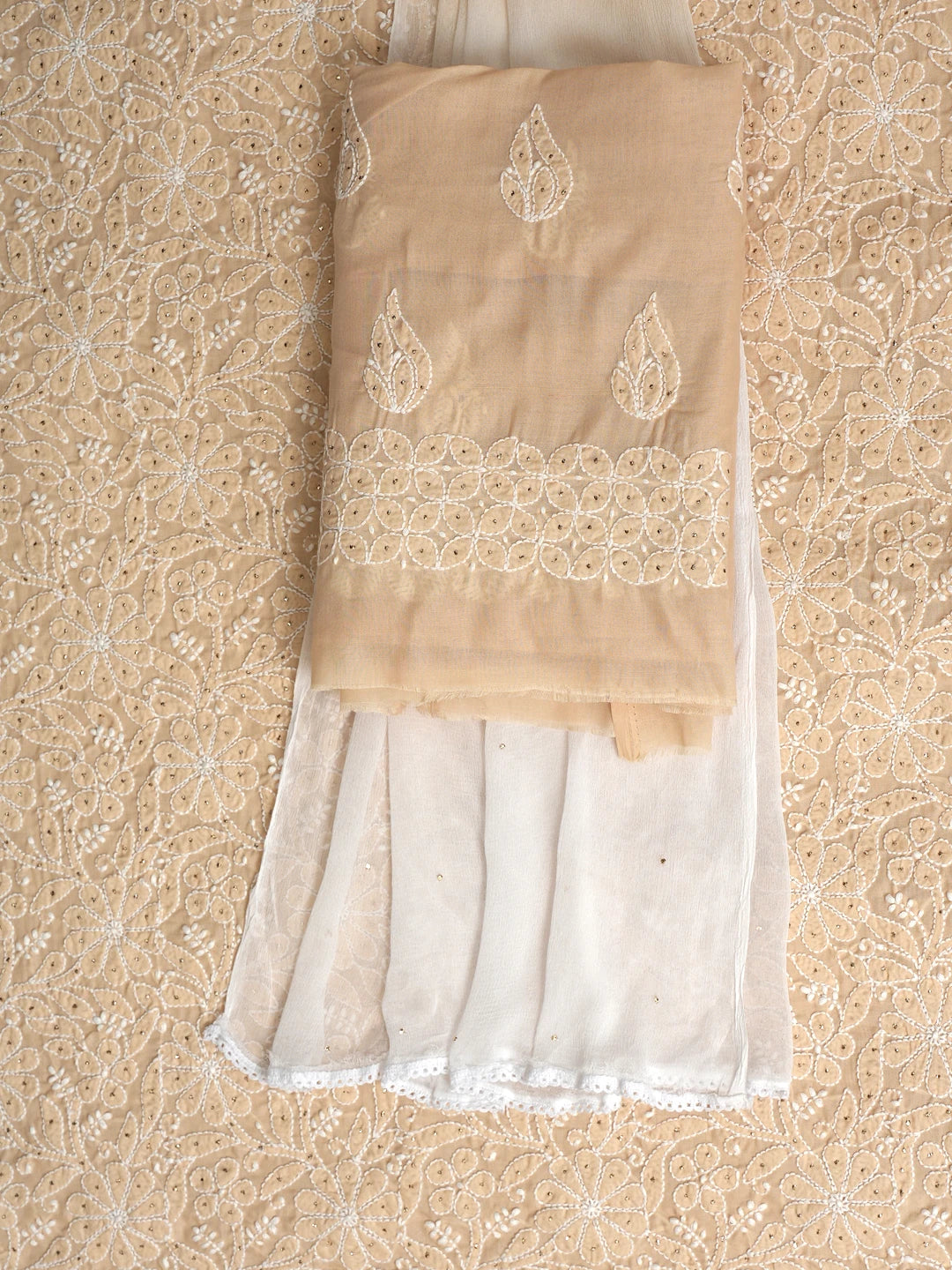 Ada Hand Embroidered Fawn Cotton Lucknowi Chikankari Unstitched Suit Piece With Mukaish Work 01A847356