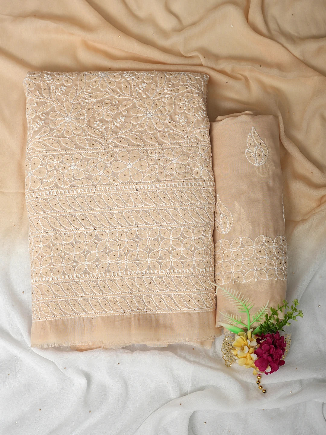 Ada Hand Embroidered Fawn Cotton Lucknowi Chikankari Unstitched Suit Piece With Mukaish Work 01A847356