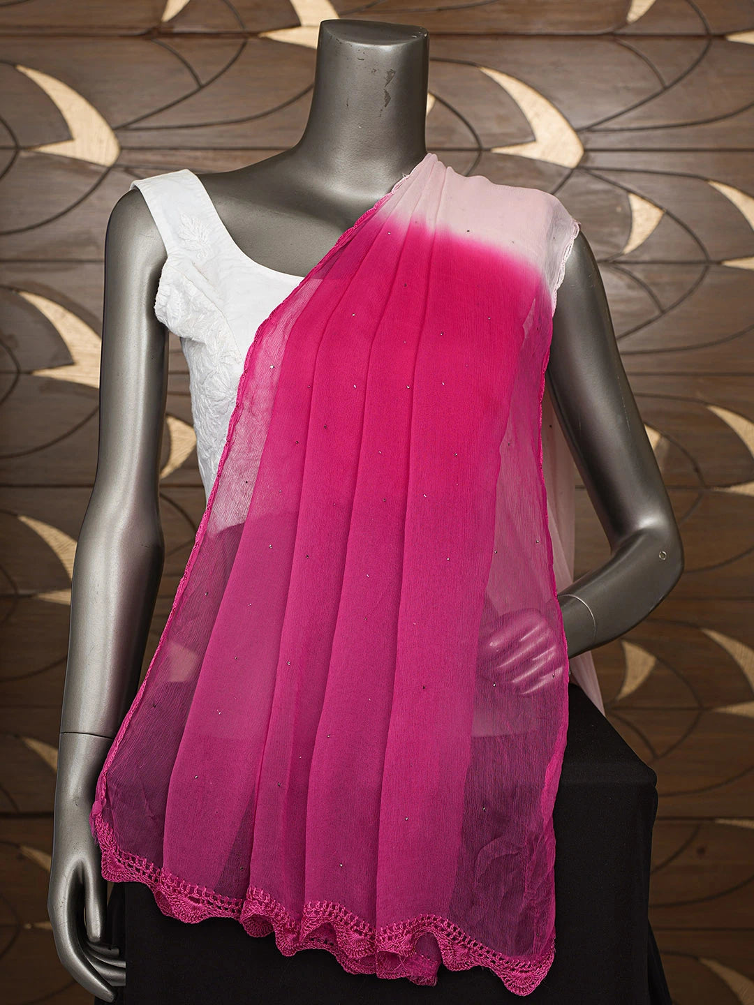 Ada Hand Embroidered Ombre Shade Of Magenta and Pink Chiffon Lucknowi Chikankari Dupatta With Mukaish Work A569412