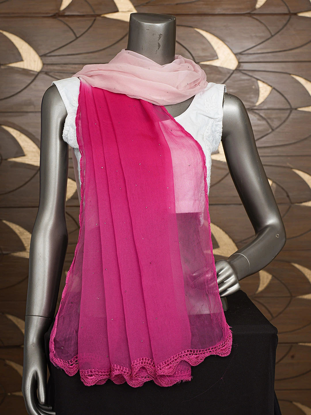 Ada Hand Embroidered Ombre Shade Of Magenta and Pink Chiffon Lucknowi Chikankari Dupatta With Mukaish Work A569412