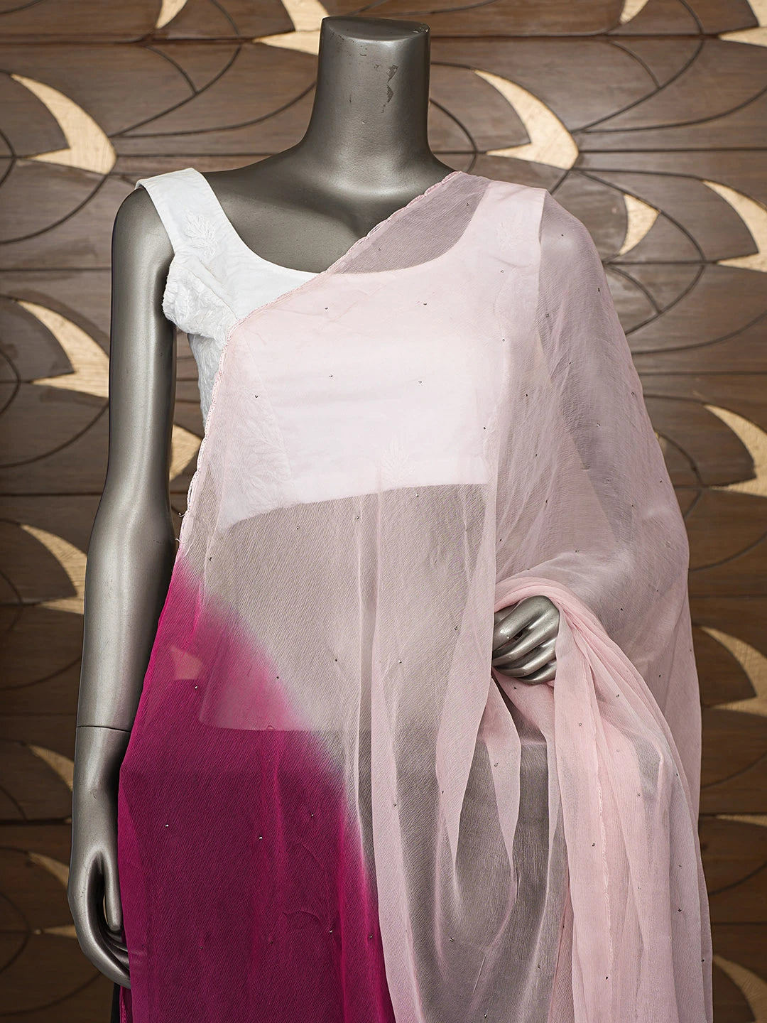 Ada Hand Embroidered Ombre Shade Of Magenta and Pink Chiffon Lucknowi Chikankari Dupatta With Mukaish Work A569412
