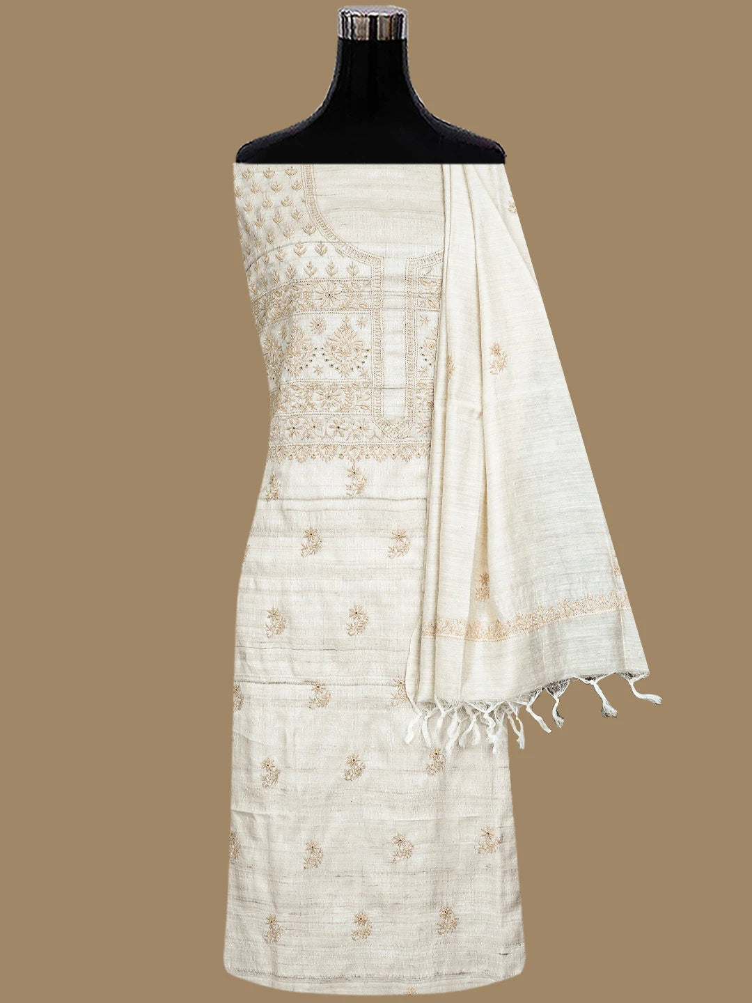 Ada Hand Embroidered Fawn Tusser Silk Lucknowi Chikankari Unstitched Kurta Dupatta Set 01A836310