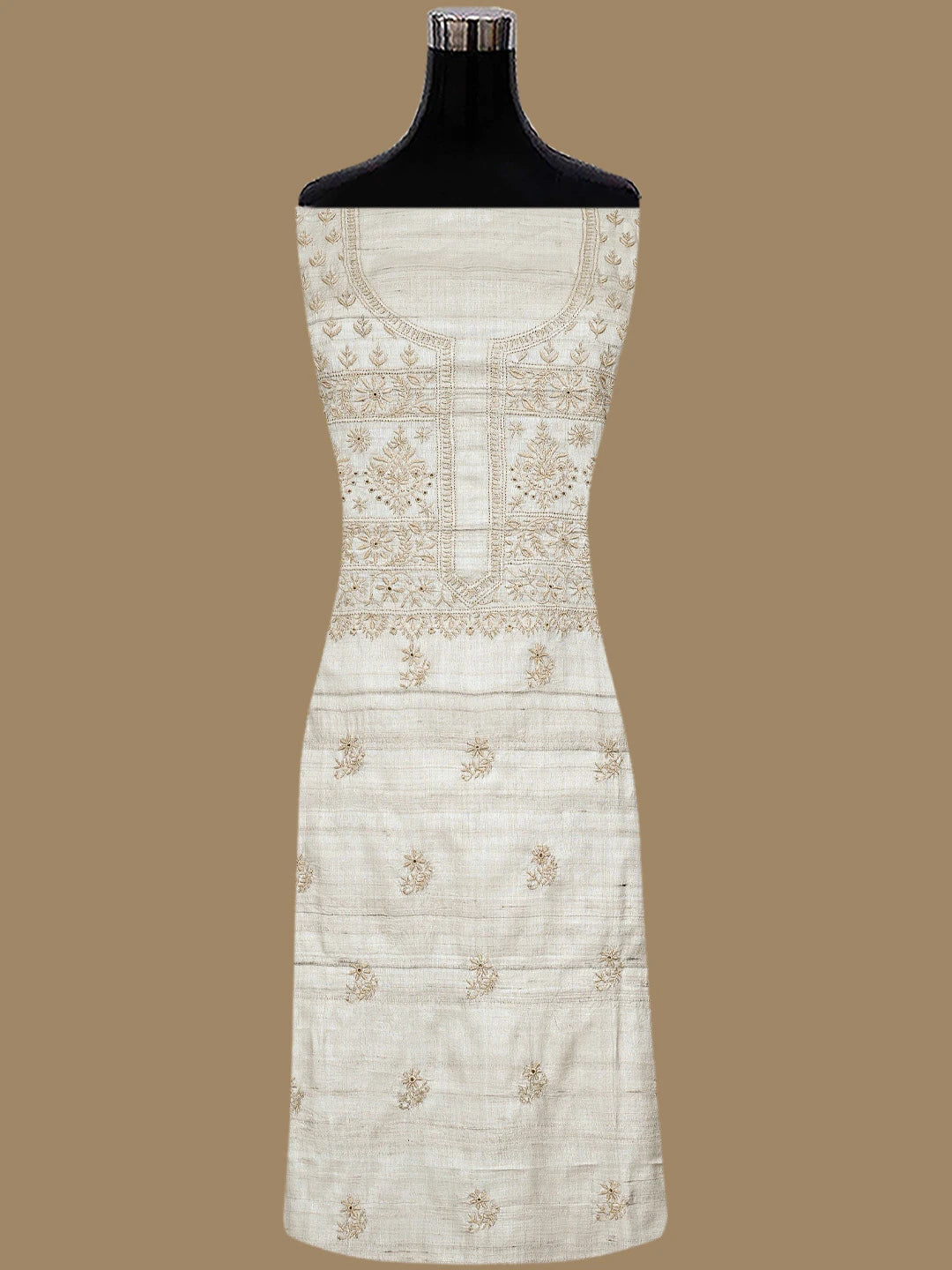 Ada Hand Embroidered Fawn Tusser Silk Lucknowi Chikankari Unstitched Kurta Dupatta Set 01A836310