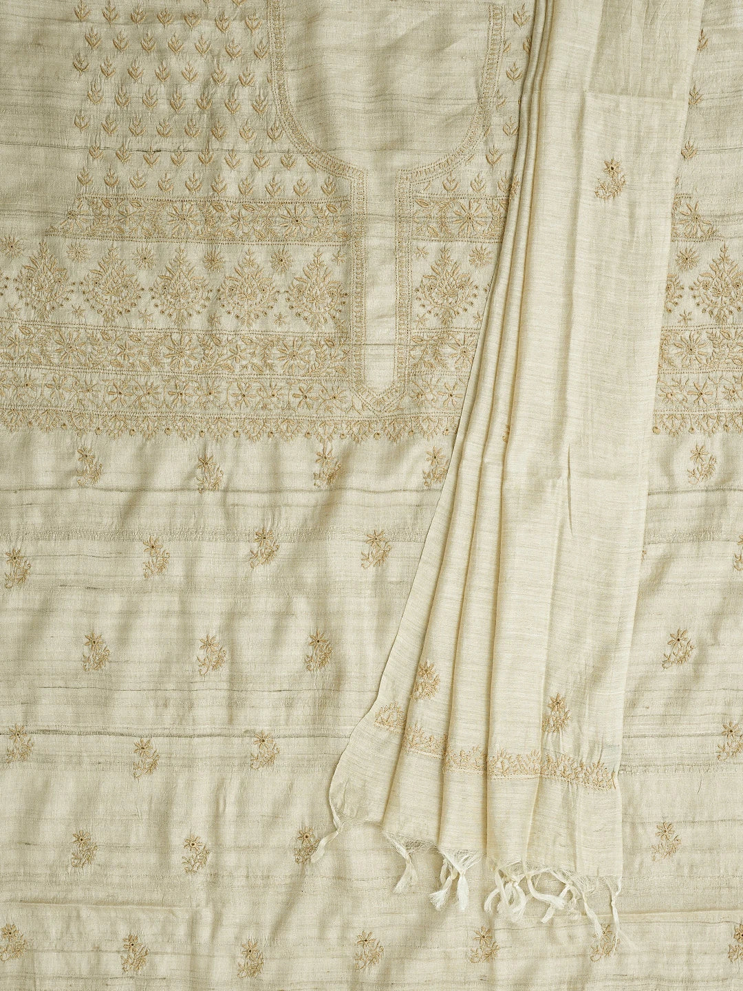 Ada Hand Embroidered Fawn Tusser Silk Lucknowi Chikankari Unstitched Kurta Dupatta Set 01A836310