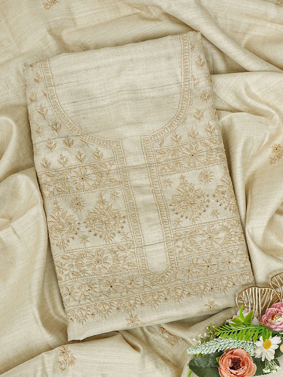 Ada Hand Embroidered Fawn Tusser Silk Lucknowi Chikankari Unstitched Kurta Dupatta Set 01A836310