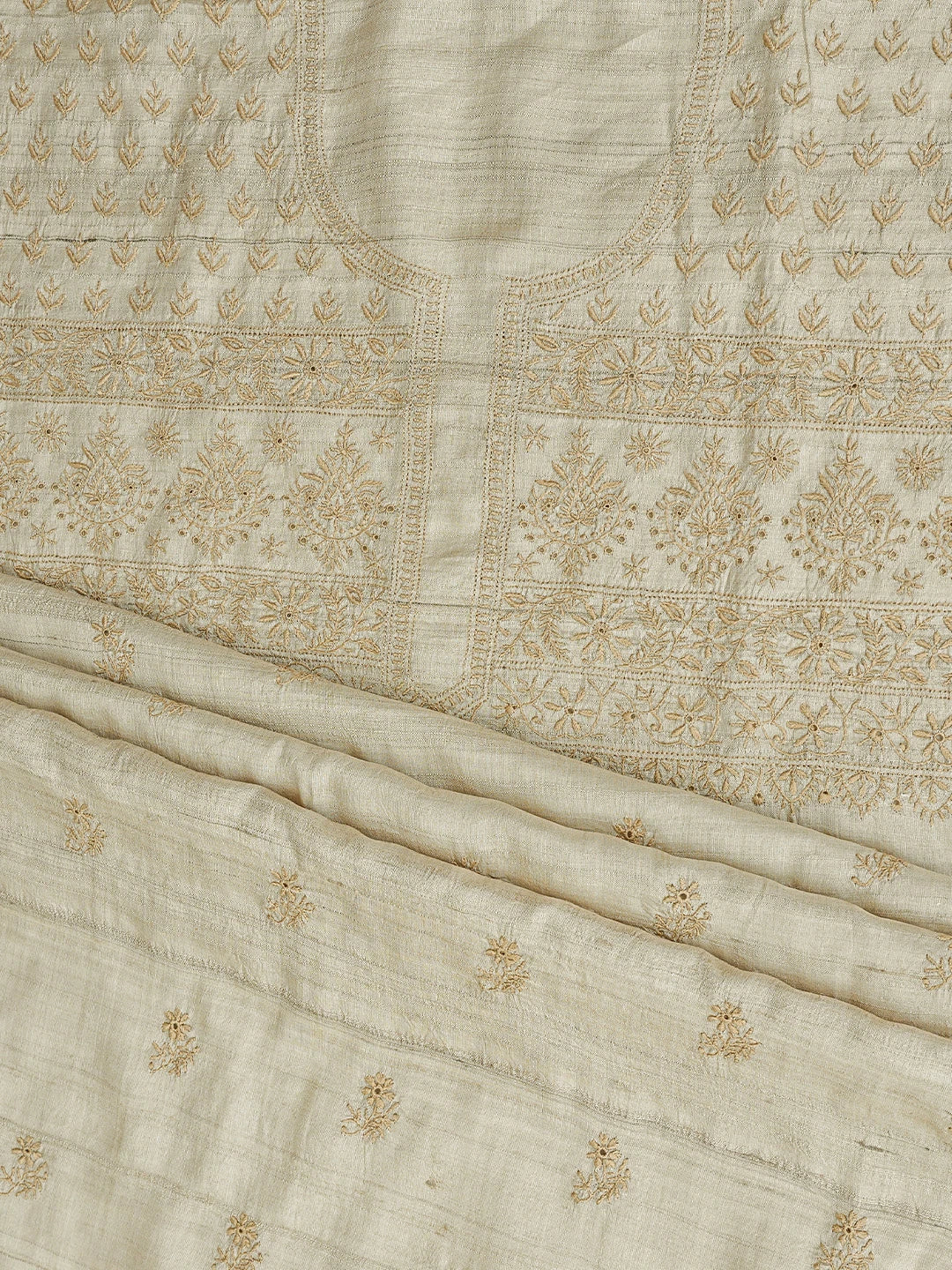 Ada Hand Embroidered Fawn Tusser Silk Lucknowi Chikankari Unstitched Kurta Dupatta Set 01A836310