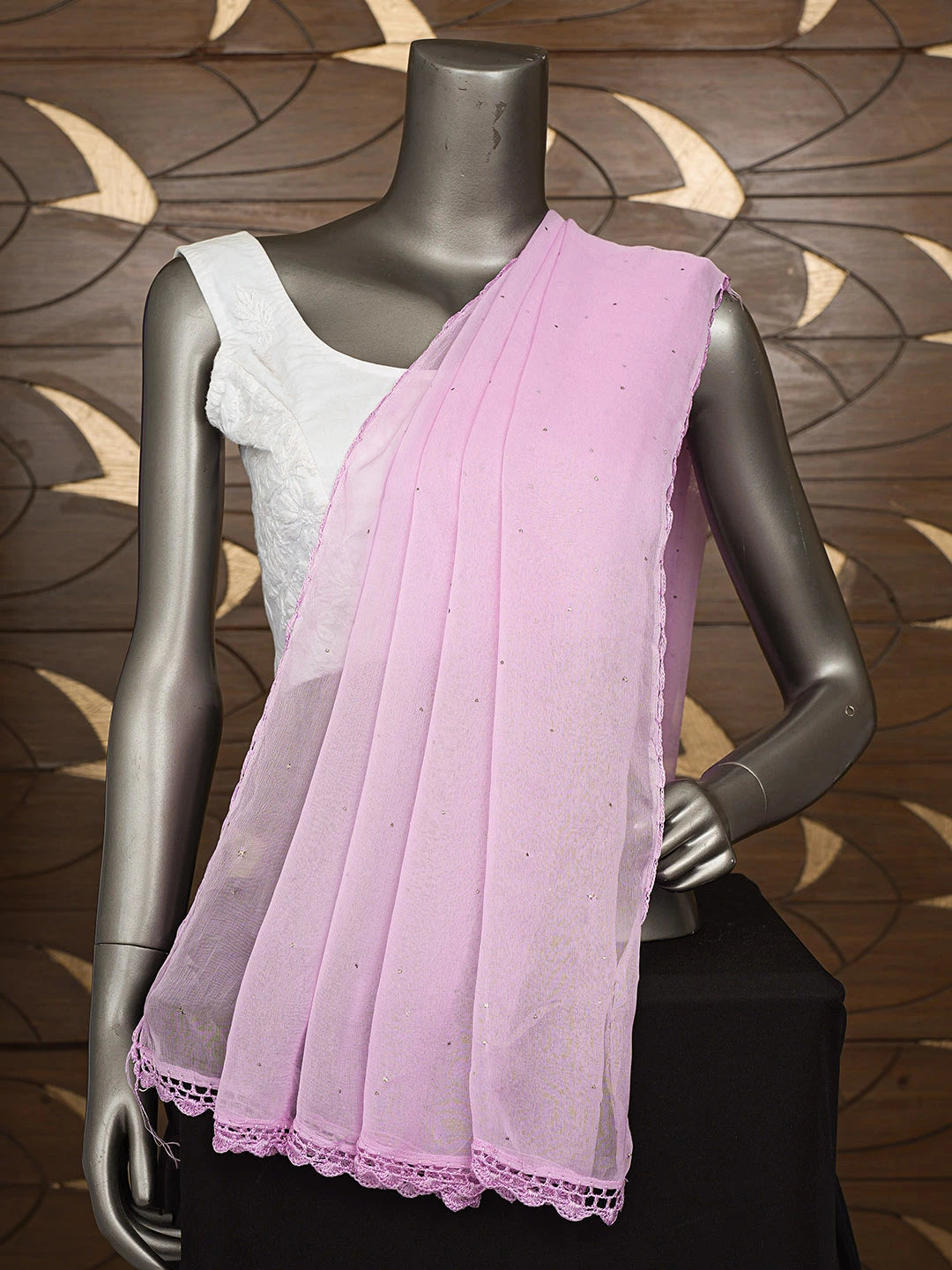 Ada Hand Embroidered Pink Chiffon Lucknowi Chikankari Dupatta With Mukaish Work A569366