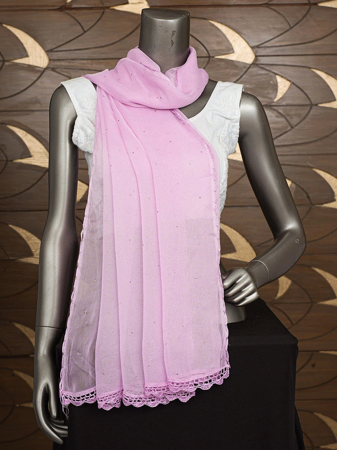 Ada Hand Embroidered Pink Chiffon Lucknowi Chikankari Dupatta With Mukaish Work A569366