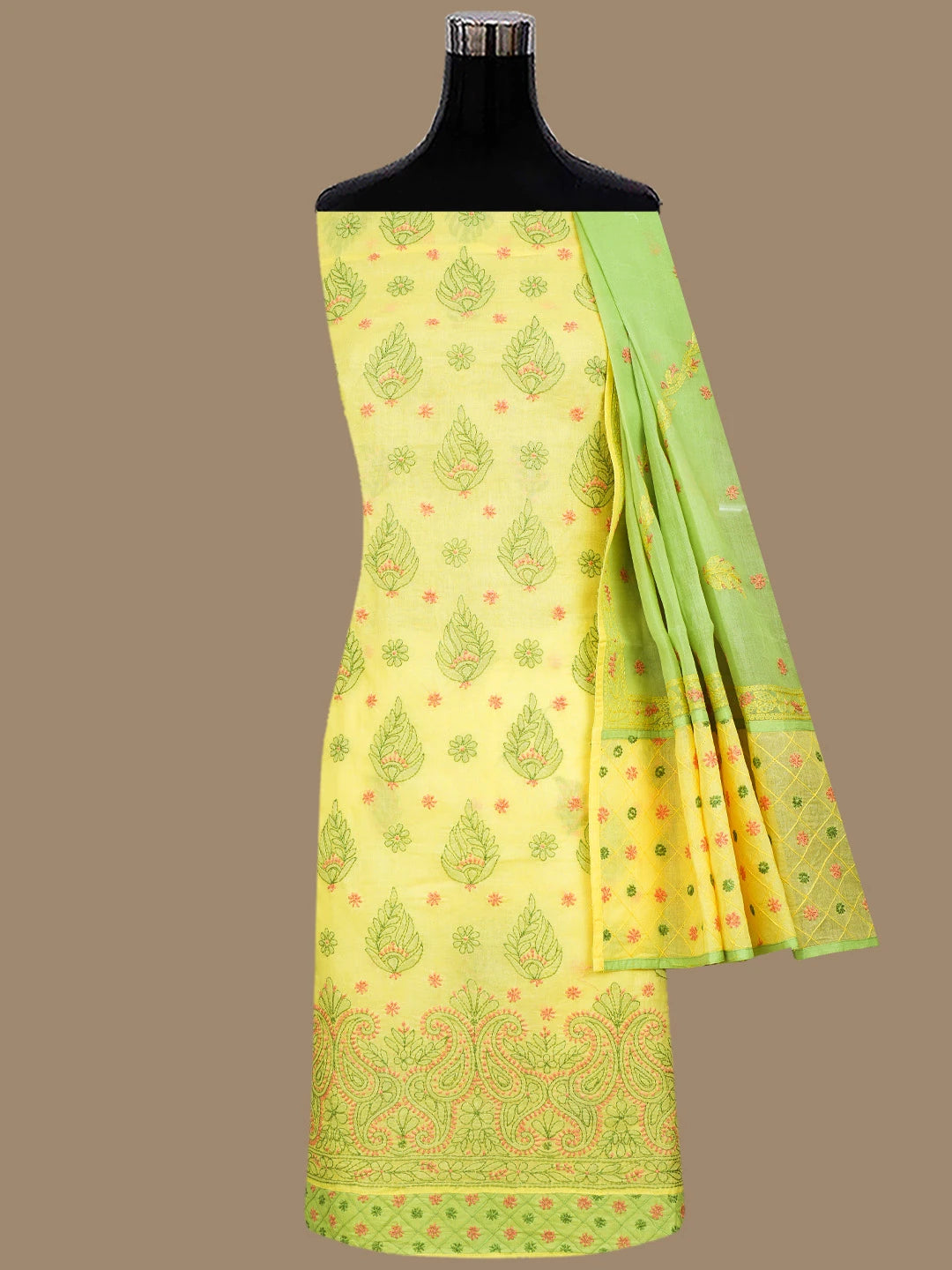 Ada Hand Embroidered Yellow Cotton Lucknowi Chikankari Unstitched Suit Piece 01A847547