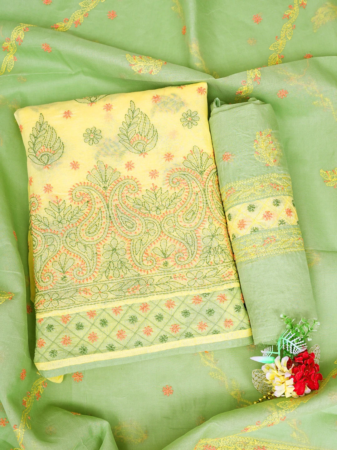 Ada Hand Embroidered Yellow Cotton Lucknowi Chikankari Unstitched Suit Piece 01A847547
