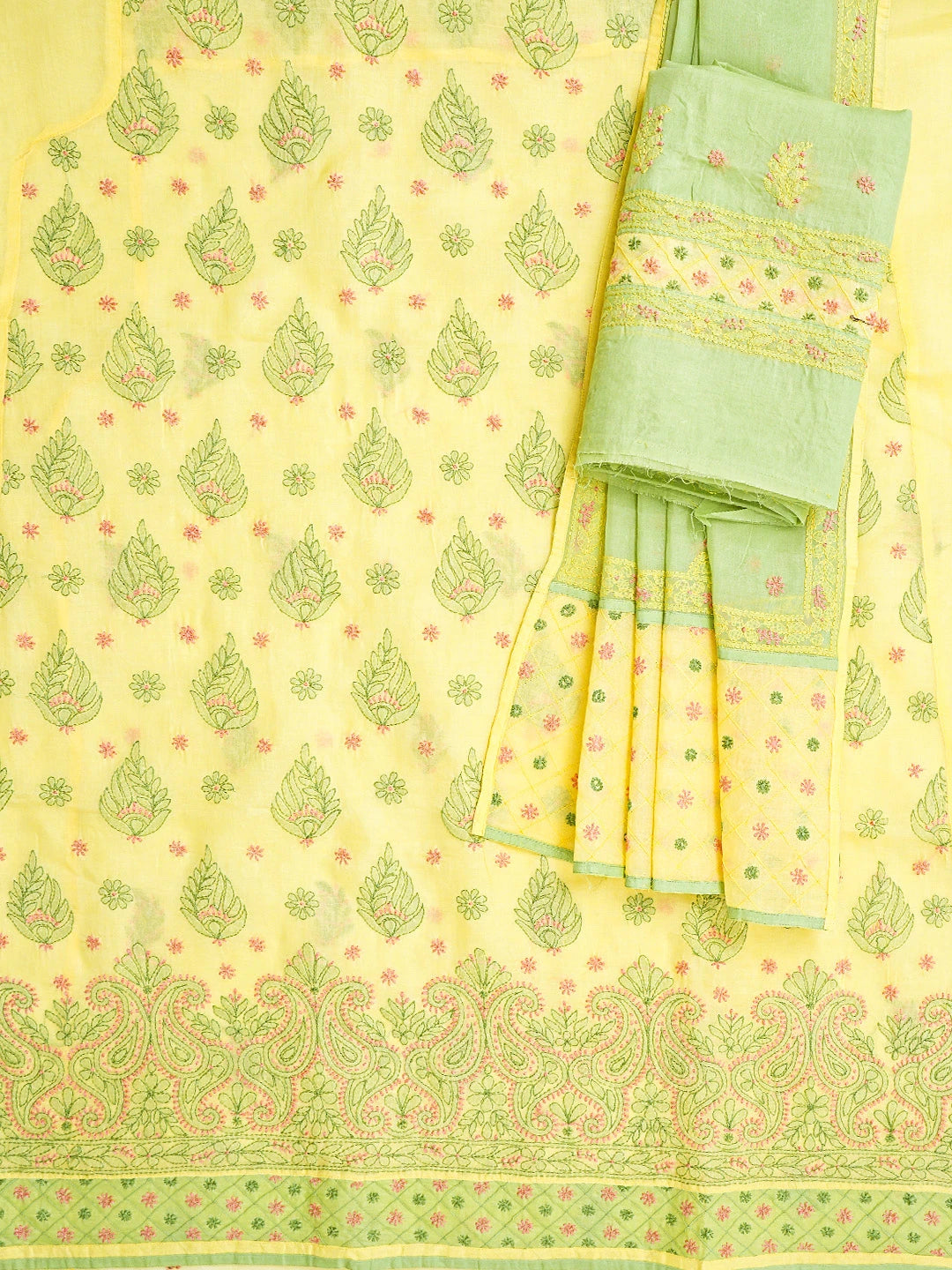 Ada Hand Embroidered Yellow Cotton Lucknowi Chikankari Unstitched Suit Piece 01A847547