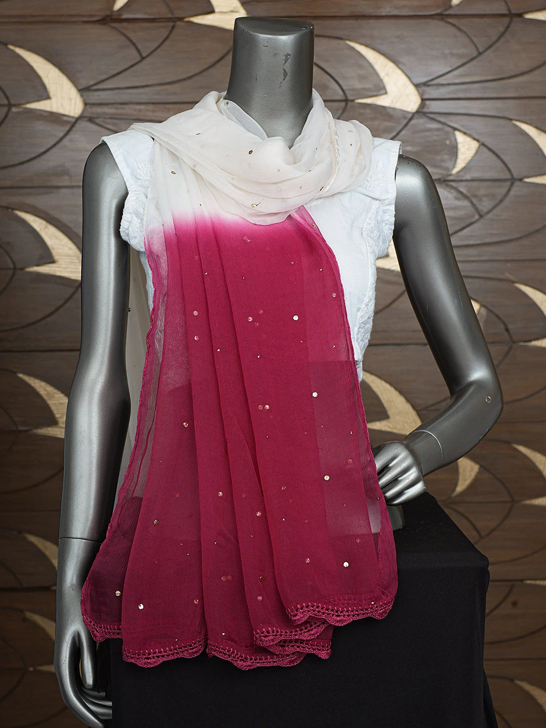 Ada Hand Embroidered Ombre Shade Of Maroon & White Chiffon Lucknowi Chikankari Dupatta With Mukaish Work 01A692826