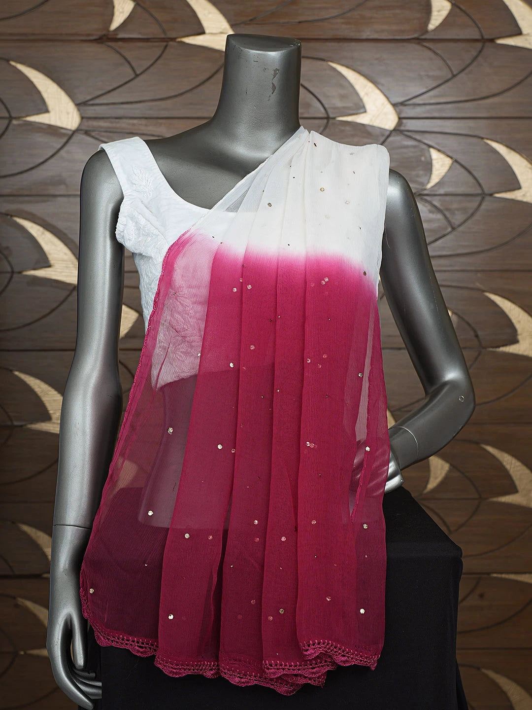 Ada Hand Embroidered Ombre Shade Of Maroon & White Chiffon Lucknowi Chikankari Dupatta With Mukaish Work 01A692826
