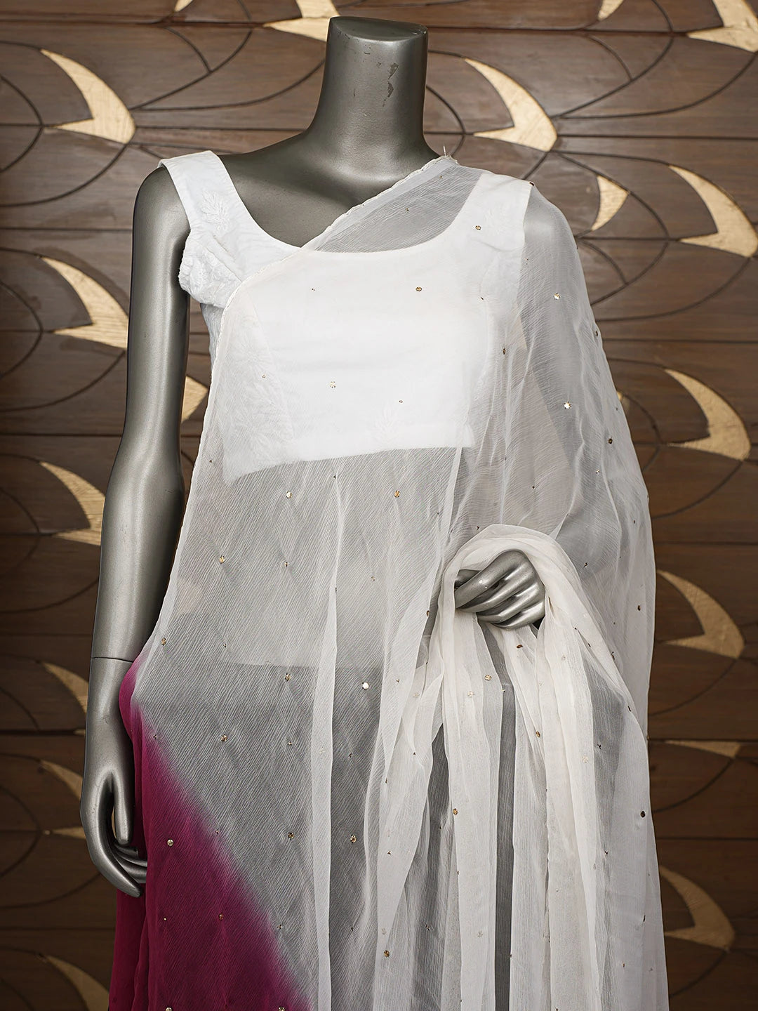 Ada Hand Embroidered Ombre Shade Of Maroon & White Chiffon Lucknowi Chikankari Dupatta With Mukaish Work 01A692826