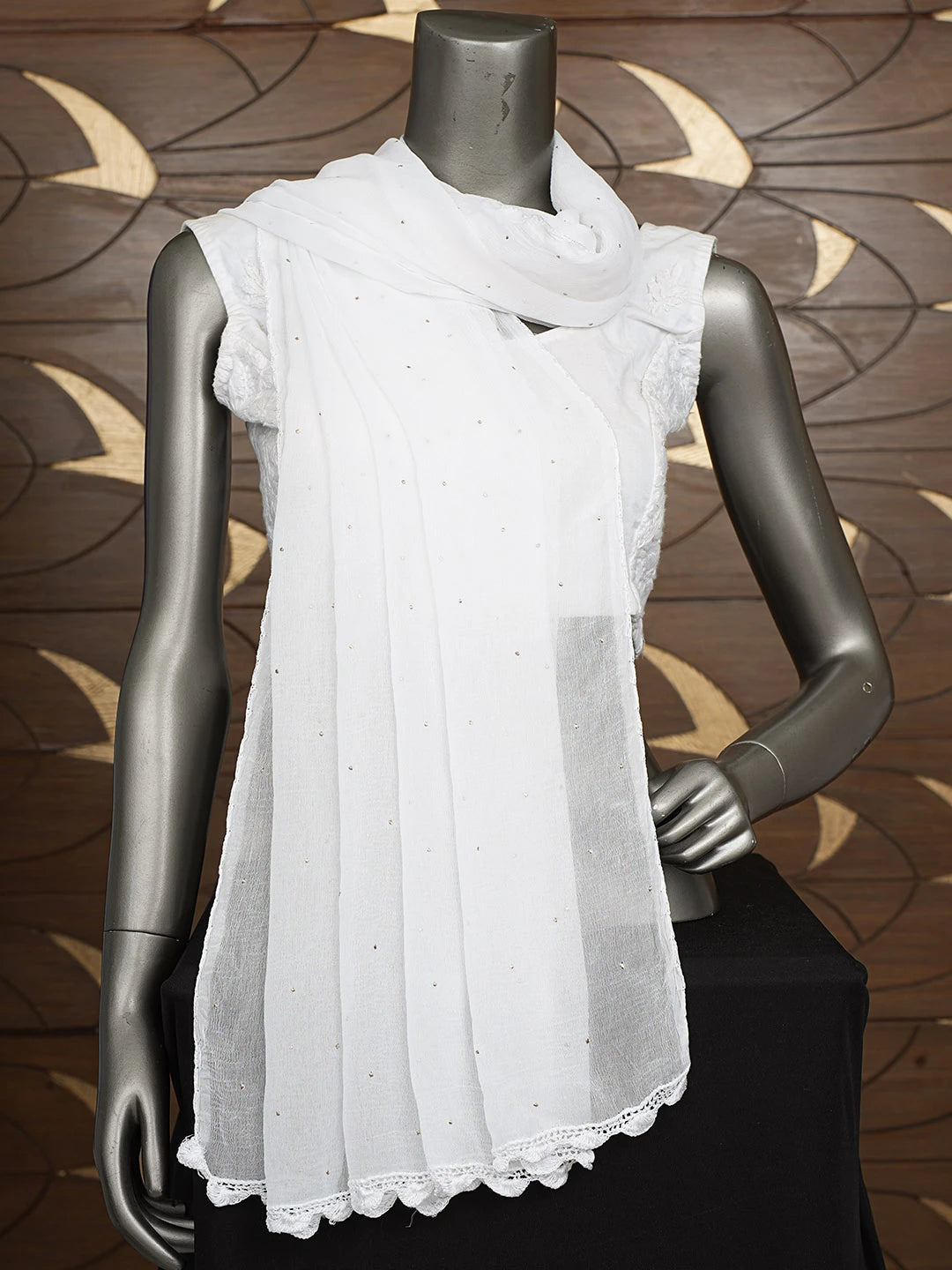 Ada Hand Embroidered White Chiffon Lucknowi Chikankari Dupatta With Mukaish Work 01A817623