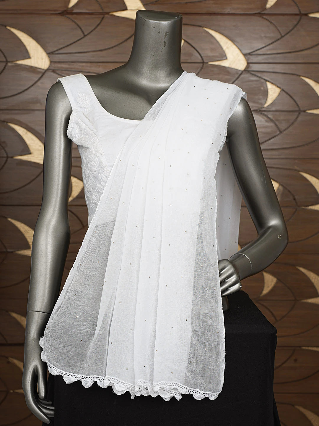 Ada Hand Embroidered White Chiffon Lucknowi Chikankari Dupatta With Mukaish Work 01A817623