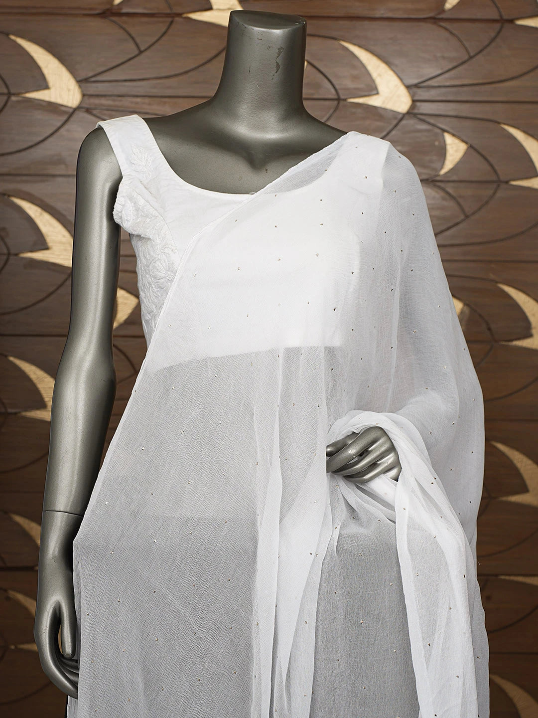 Ada Hand Embroidered White Chiffon Lucknowi Chikankari Dupatta With Mukaish Work 01A817623