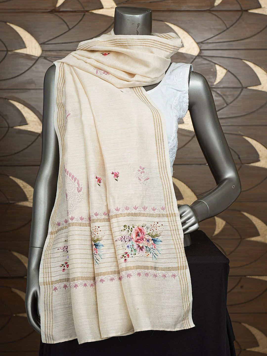 Ada Hand Embroidered Floral Printed Fawn Moonga Silk Lucknowi Chikankari Dupatta 01A809009