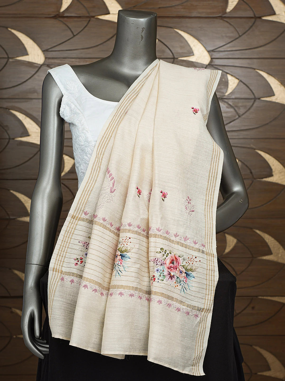 Ada Hand Embroidered Floral Printed Fawn Moonga Silk Lucknowi Chikankari Dupatta 01A809009
