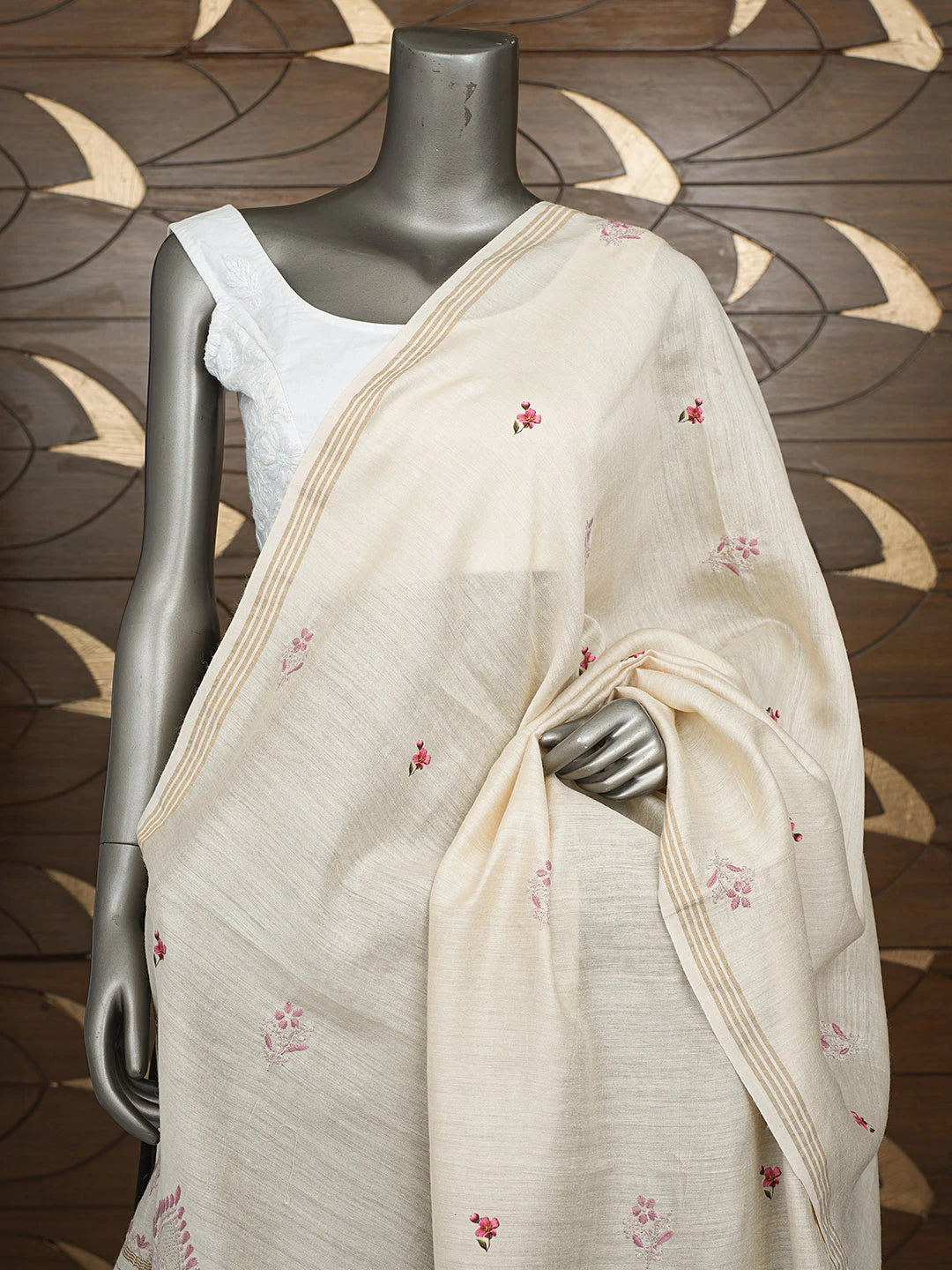 Ada Hand Embroidered Floral Printed Fawn Moonga Silk Lucknowi Chikankari Dupatta 01A809009