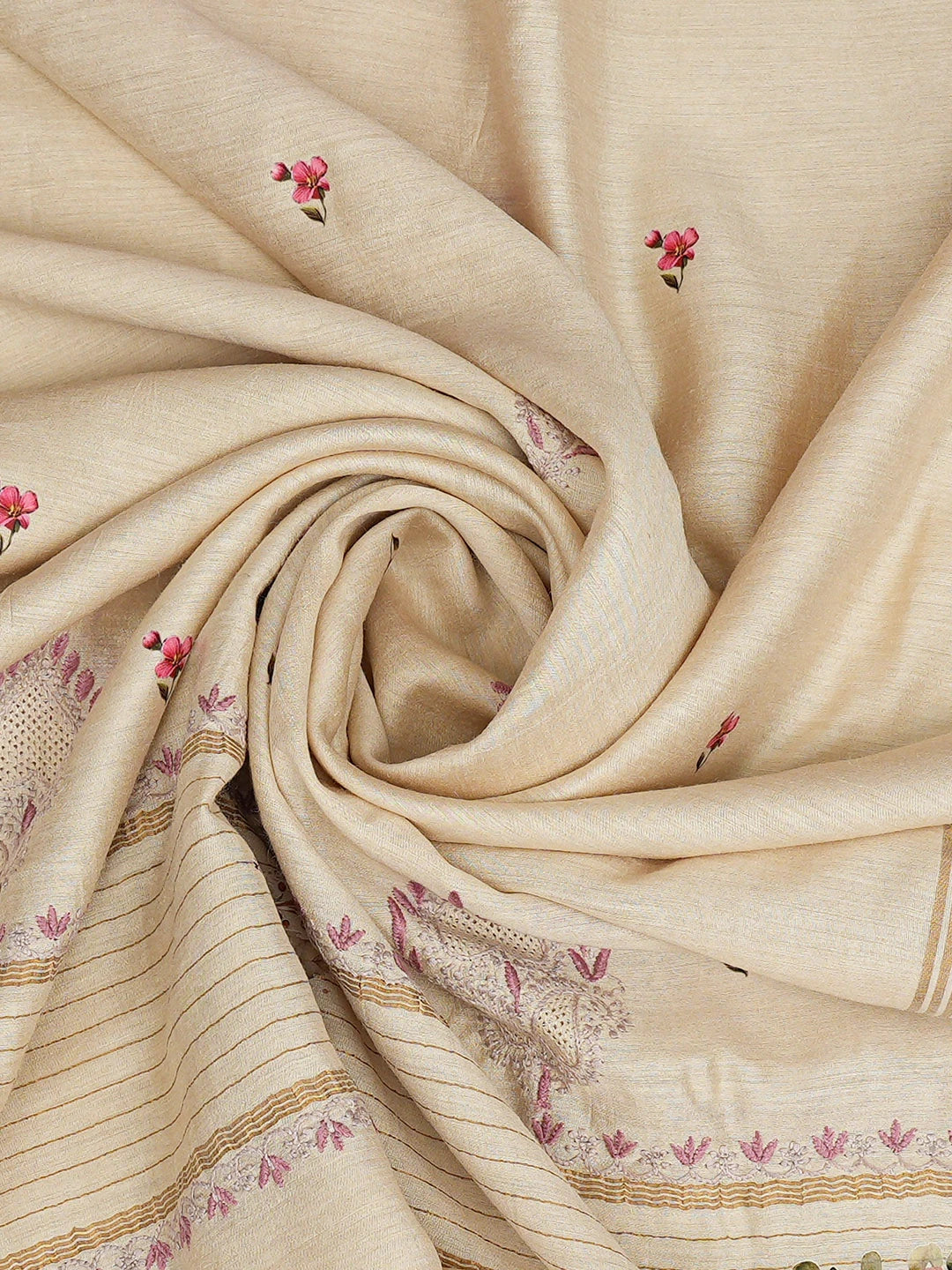 Ada Hand Embroidered Floral Printed Fawn Moonga Silk Lucknowi Chikankari Dupatta 01A809009