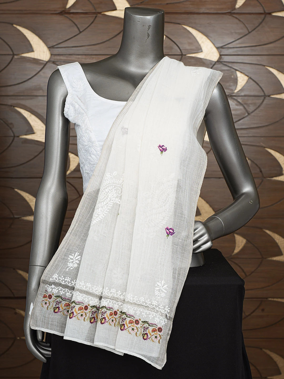 Ada Hand Embroidered Floral Printed White Chanderi Lucknowi Chikankari Dupatta 01A836064