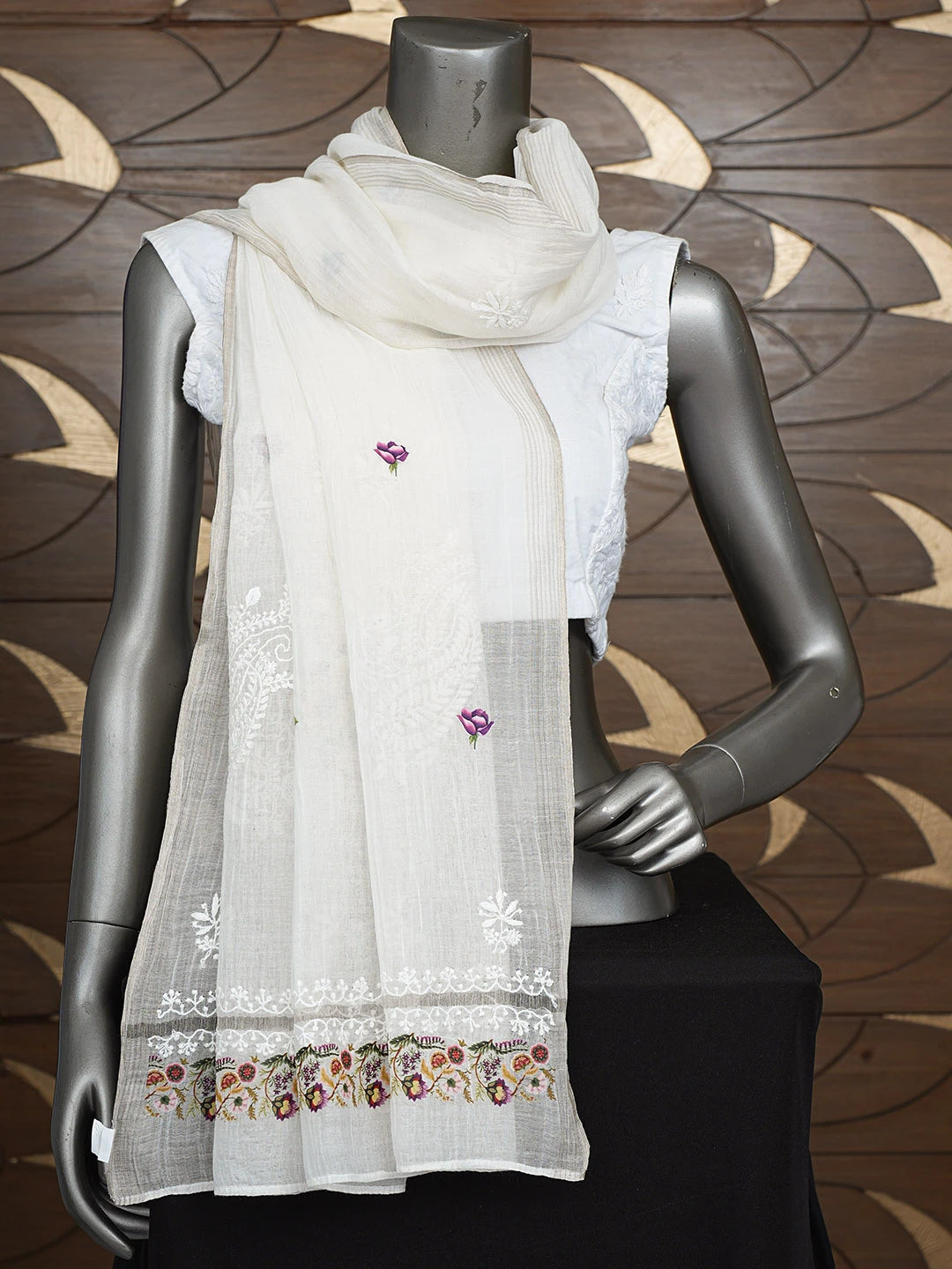 Ada Hand Embroidered Floral Printed White Chanderi Lucknowi Chikankari Dupatta 01A836064