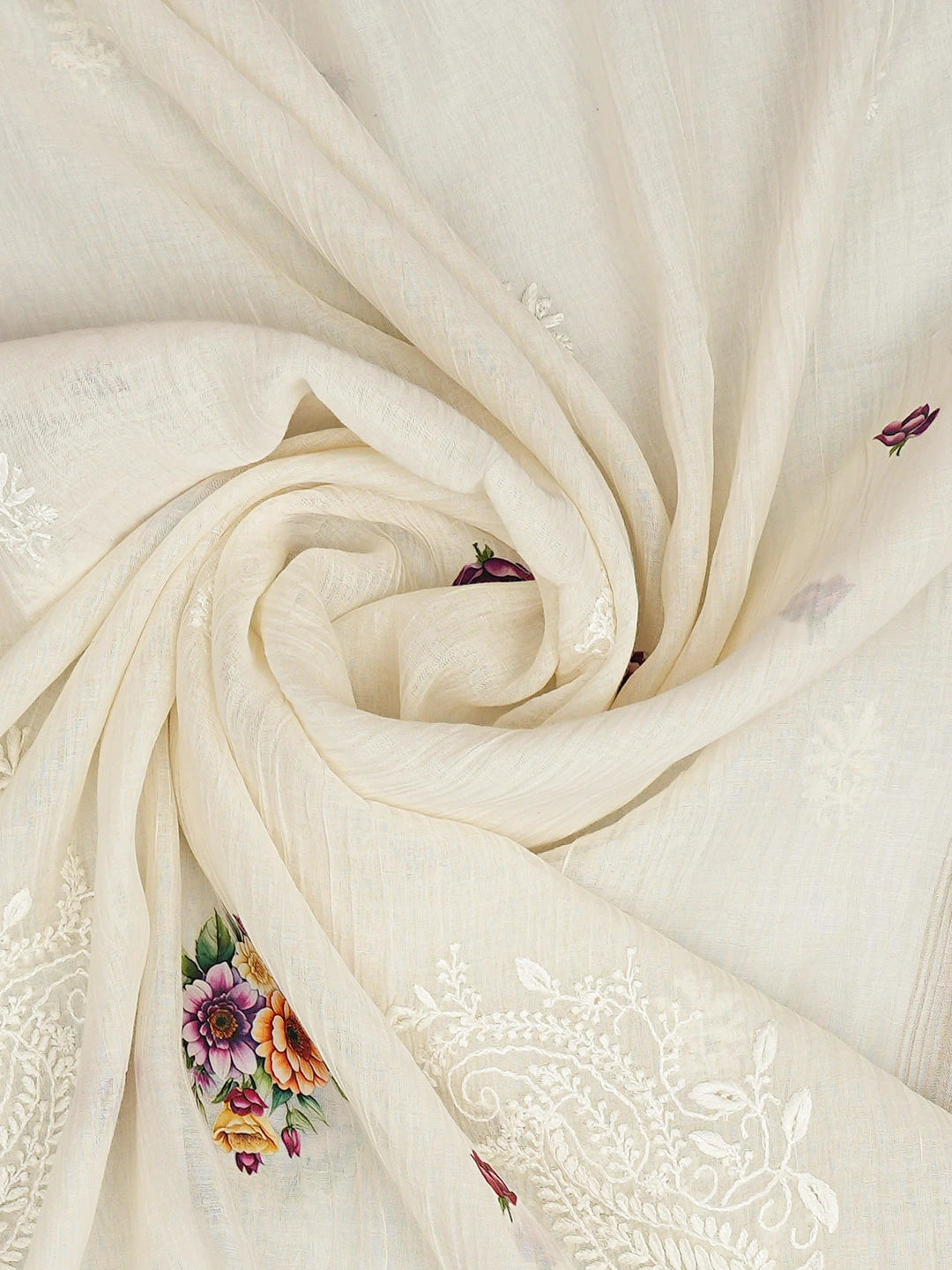 Ada Hand Embroidered Floral Printed White Chanderi Lucknowi Chikankari Dupatta 01A836064