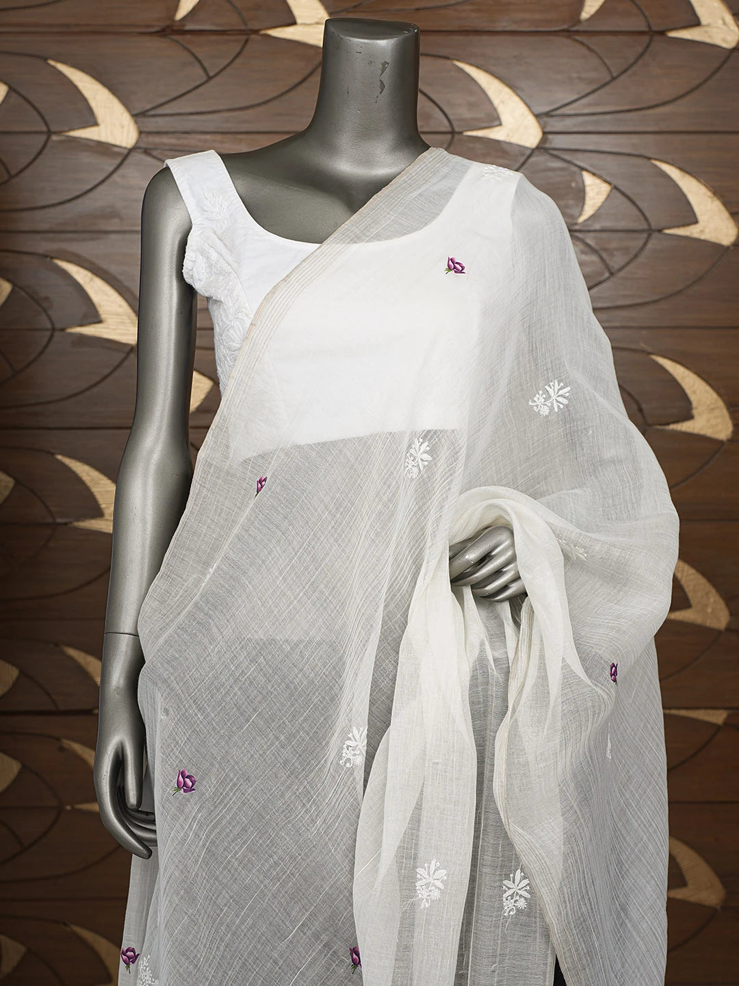 Ada Hand Embroidered Floral Printed White Chanderi Lucknowi Chikankari Dupatta 01A836064