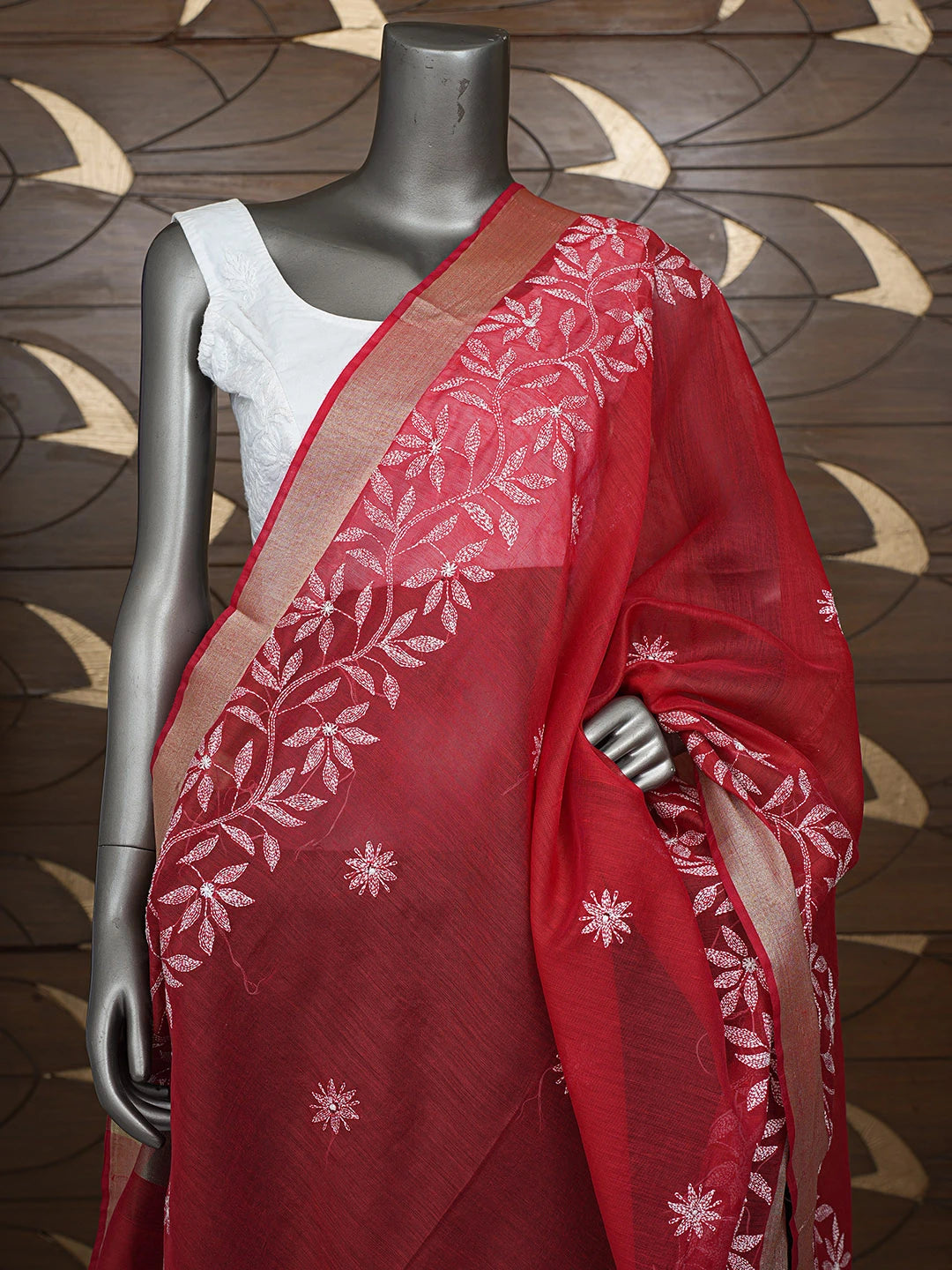Ada Hand Embroidered Red Chanderi Lucknowi Chikankari Dupatta 01A752066
