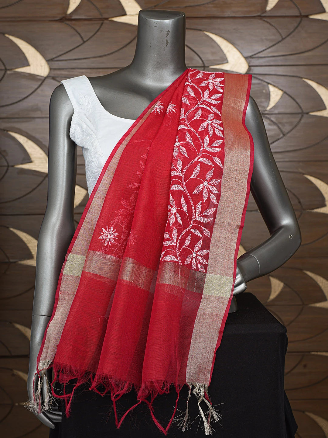 Ada Hand Embroidered Red Chanderi Lucknowi Chikankari Dupatta 01A752066