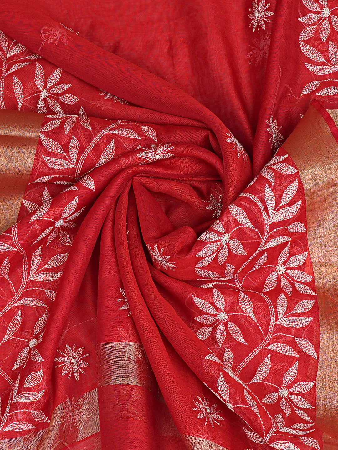 Ada Hand Embroidered Red Chanderi Lucknowi Chikankari Dupatta 01A752066