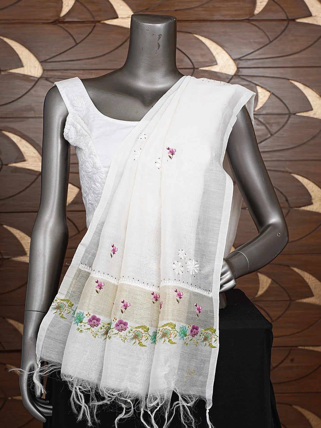 Ada Hand Embroidered Floral Printed White Chanderi Lucknowi Chikankari Dupatta With Mukaish Work 01A479244