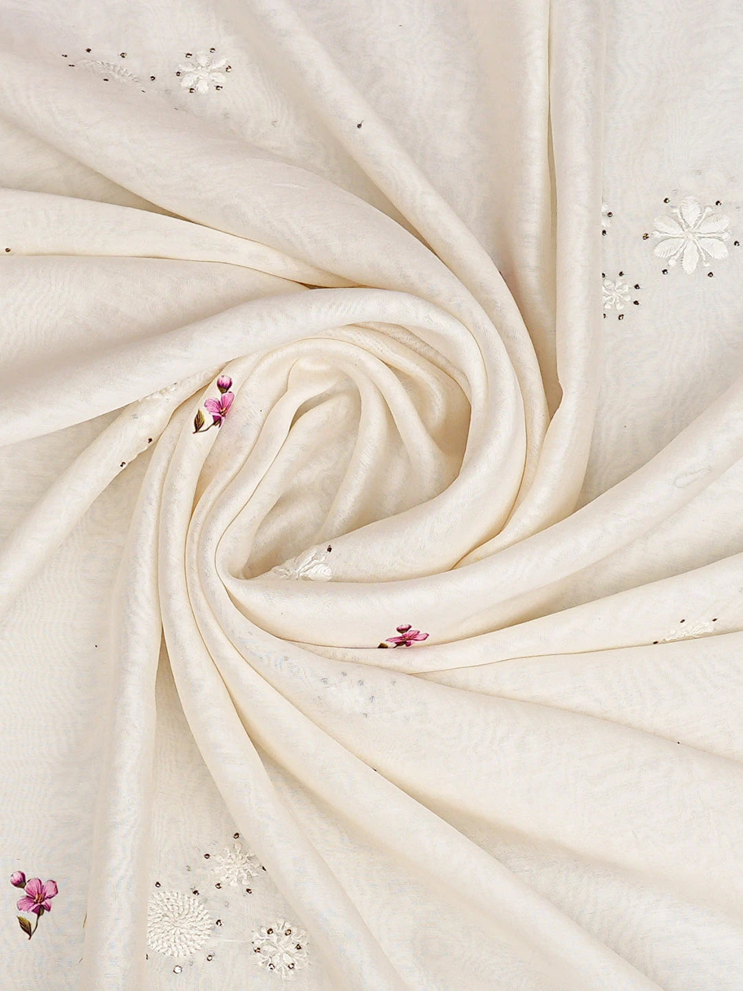 Ada Hand Embroidered Floral Printed White Chanderi Lucknowi Chikankari Dupatta With Mukaish Work 01A479244