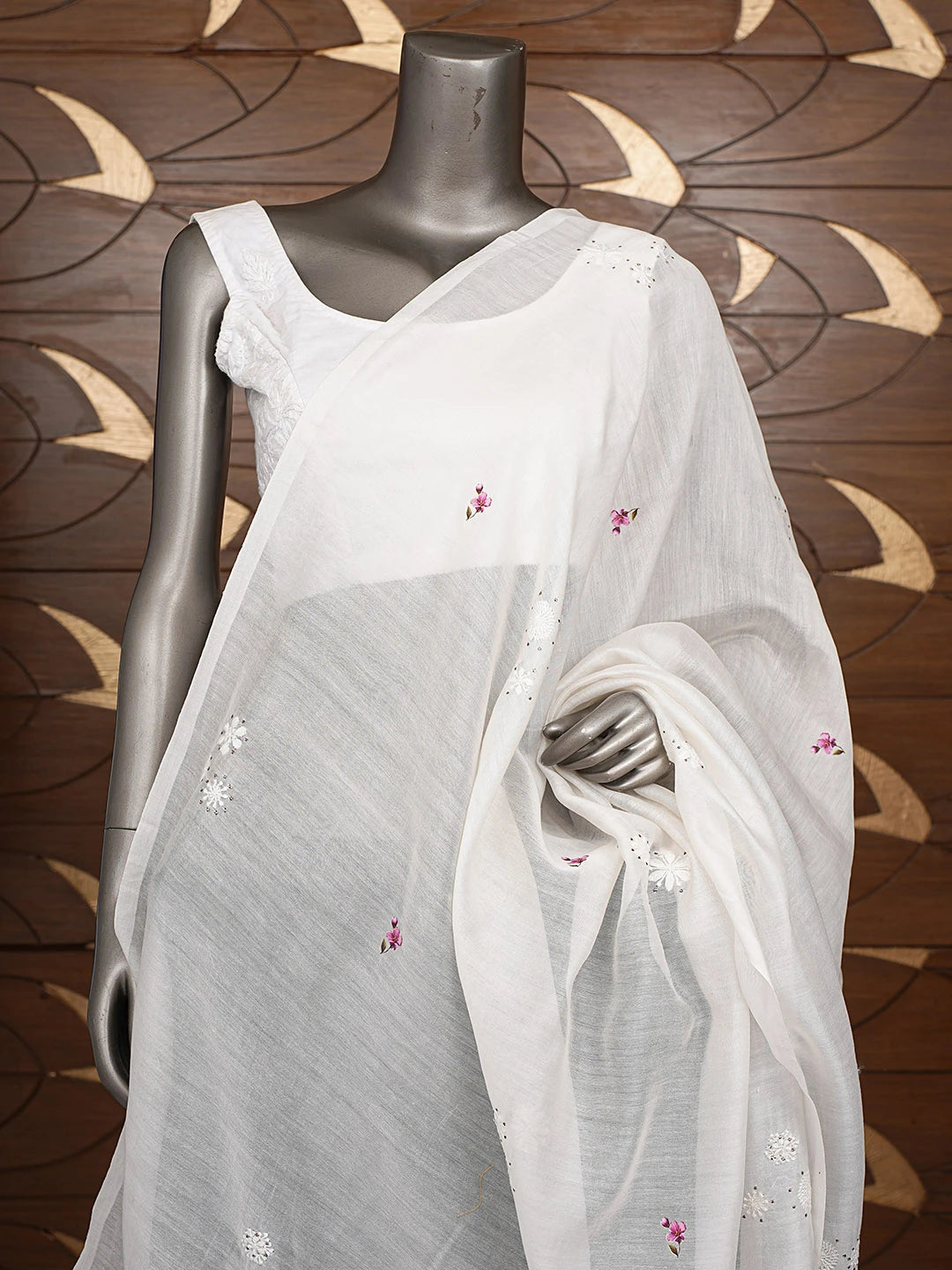 Ada Hand Embroidered Floral Printed White Chanderi Lucknowi Chikankari Dupatta With Mukaish Work 01A479244