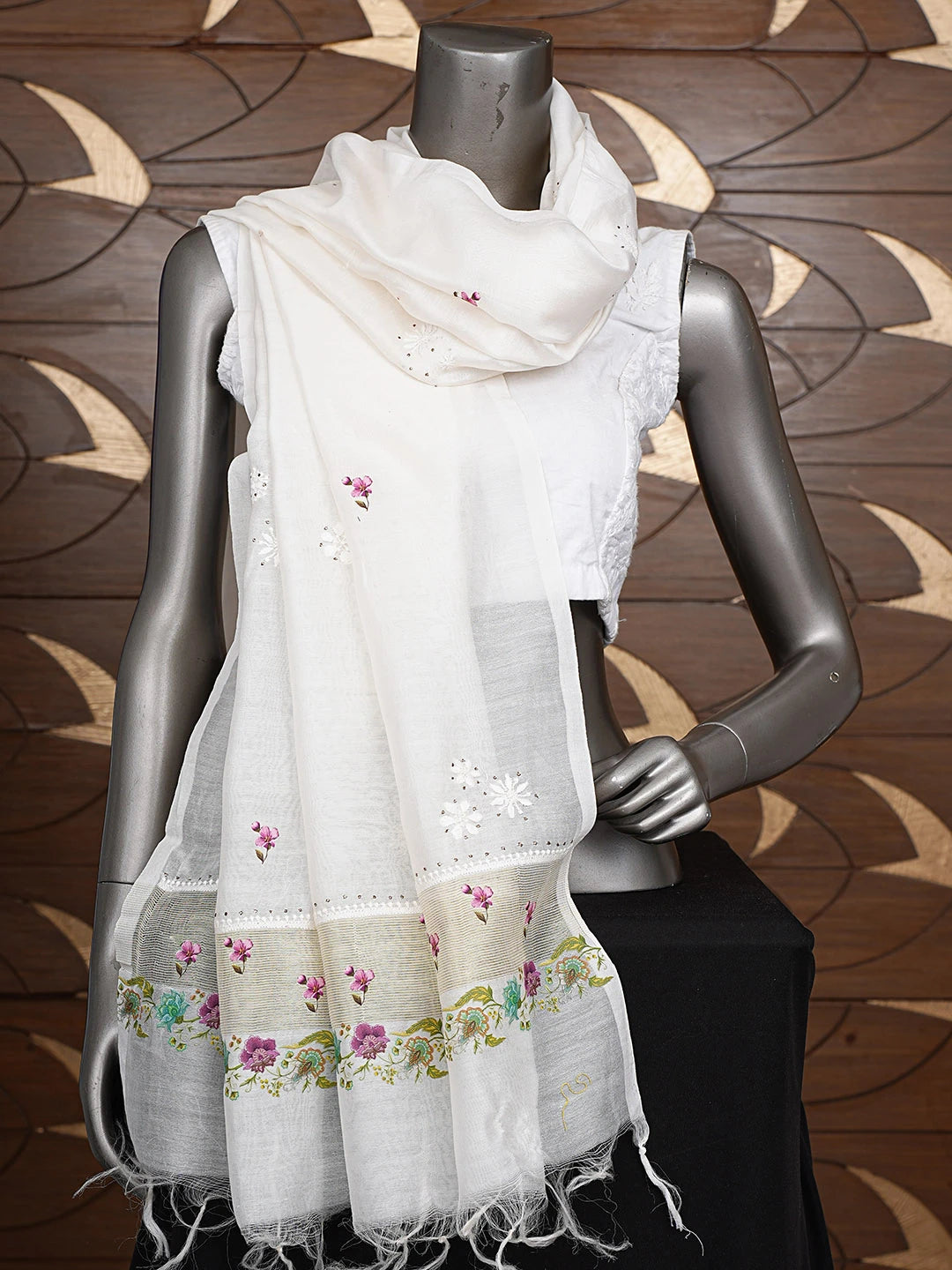 Ada Hand Embroidered Floral Printed White Chanderi Lucknowi Chikankari Dupatta With Mukaish Work 01A479244