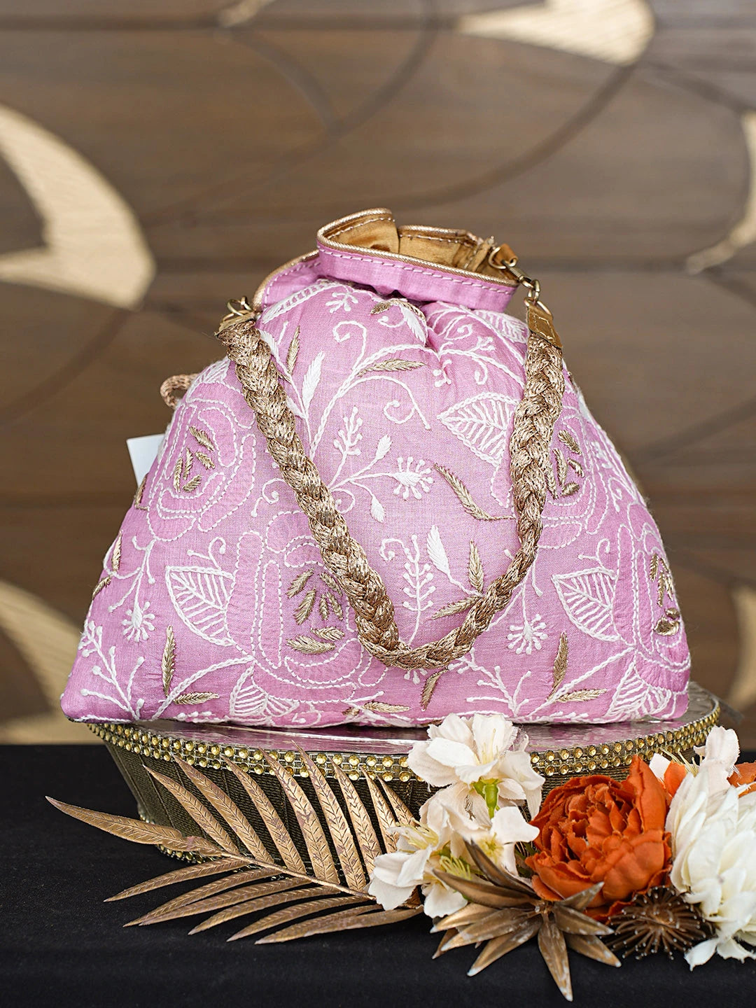 Ada Hand Embroidered Pink Silk Lucknowi Chikankari Potli With Zari Work 01A793838