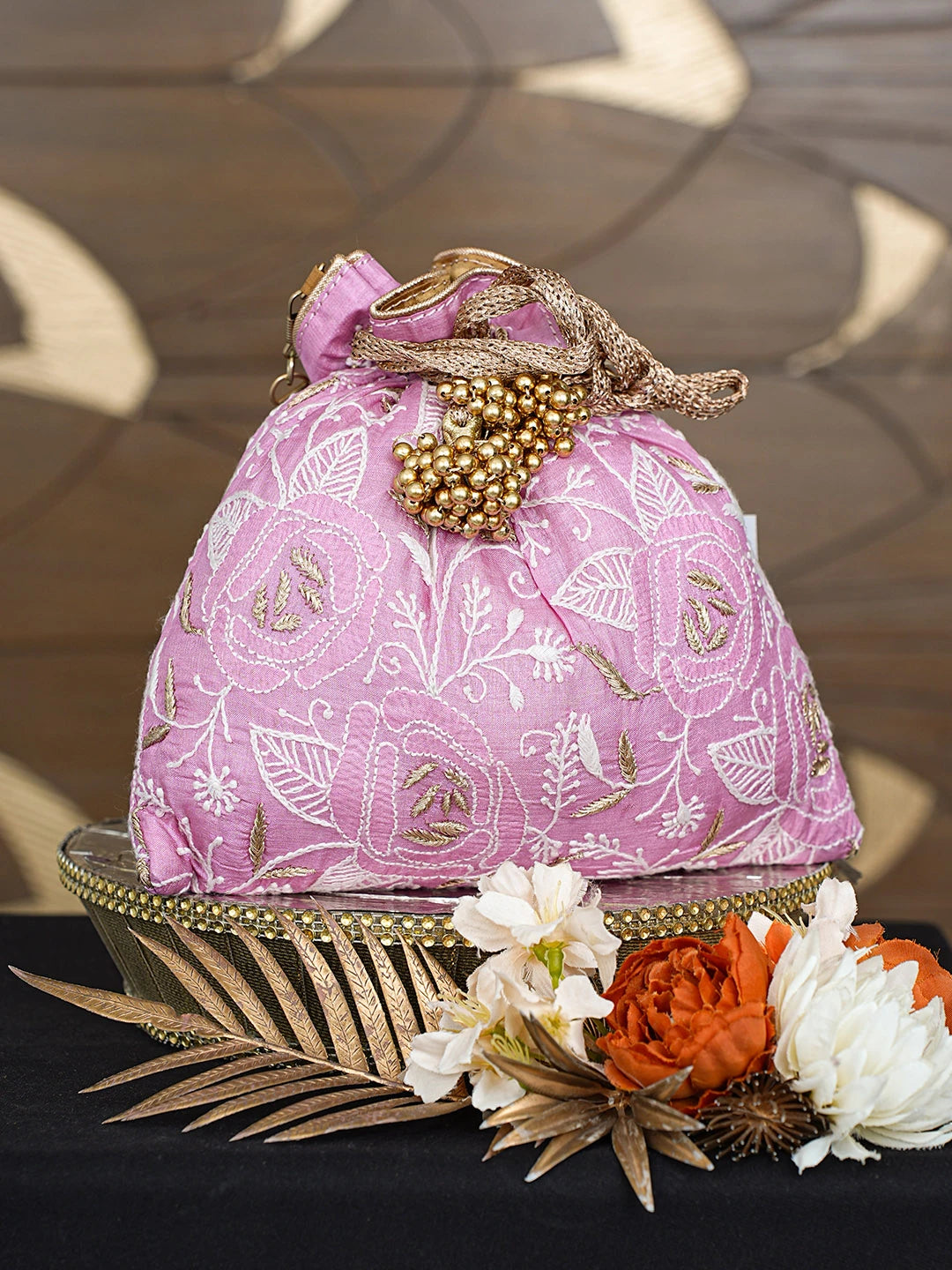 Ada Hand Embroidered Pink Silk Lucknowi Chikankari Potli With Zari Work 01A793838