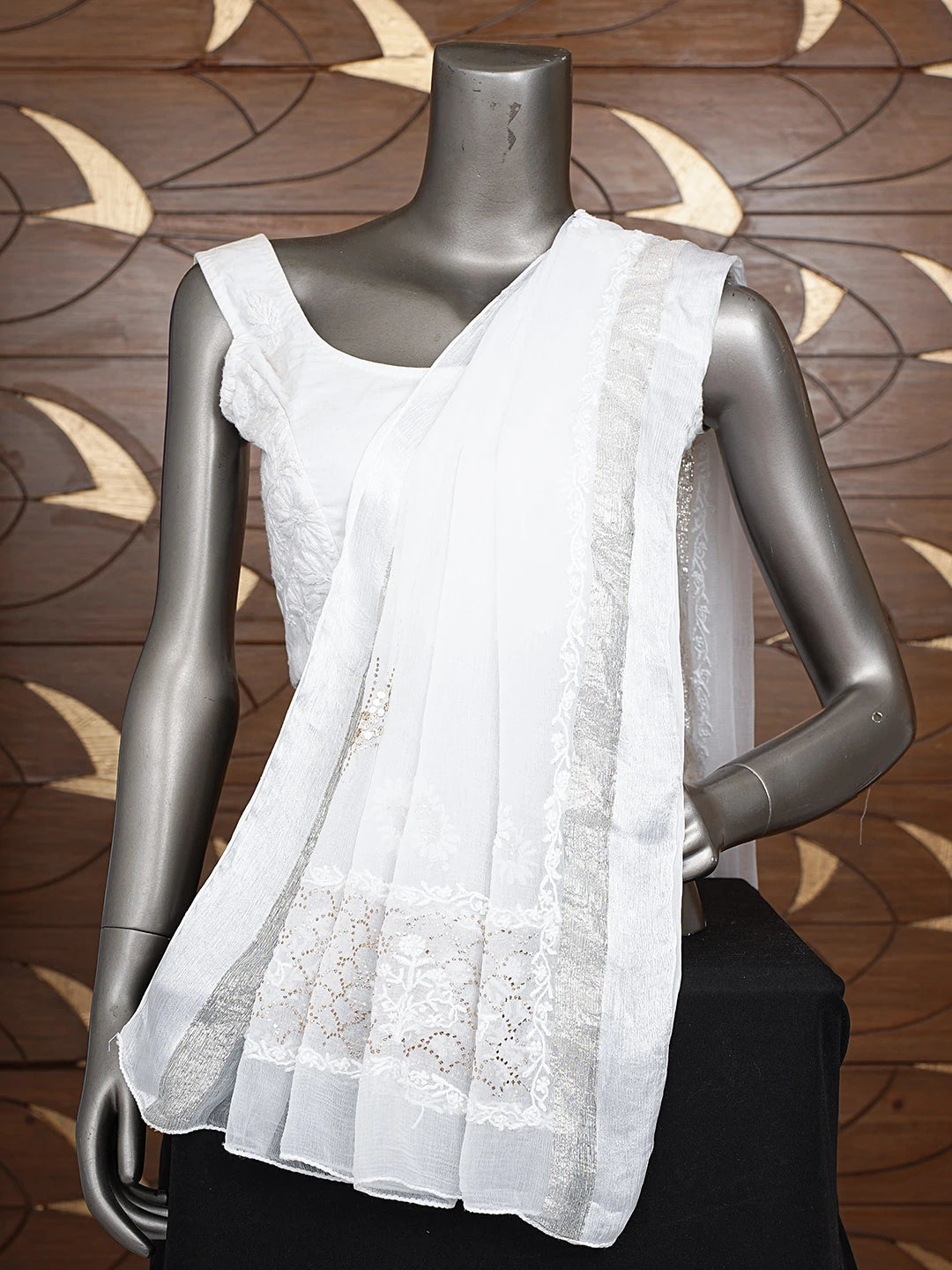 Ada Hand Embroidered White Chiffon Lucknowi Chikankari Dupatta With Mukaish Work 01A731209
