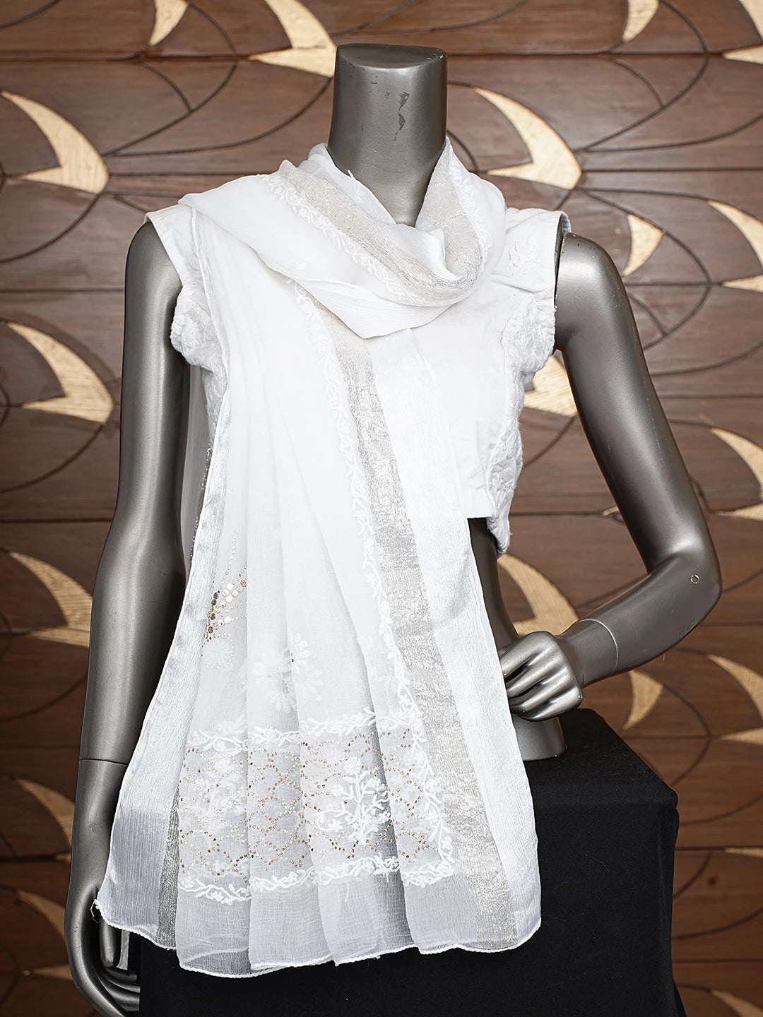 Ada Hand Embroidered White Chiffon Lucknowi Chikankari Dupatta With Mukaish Work 01A731209