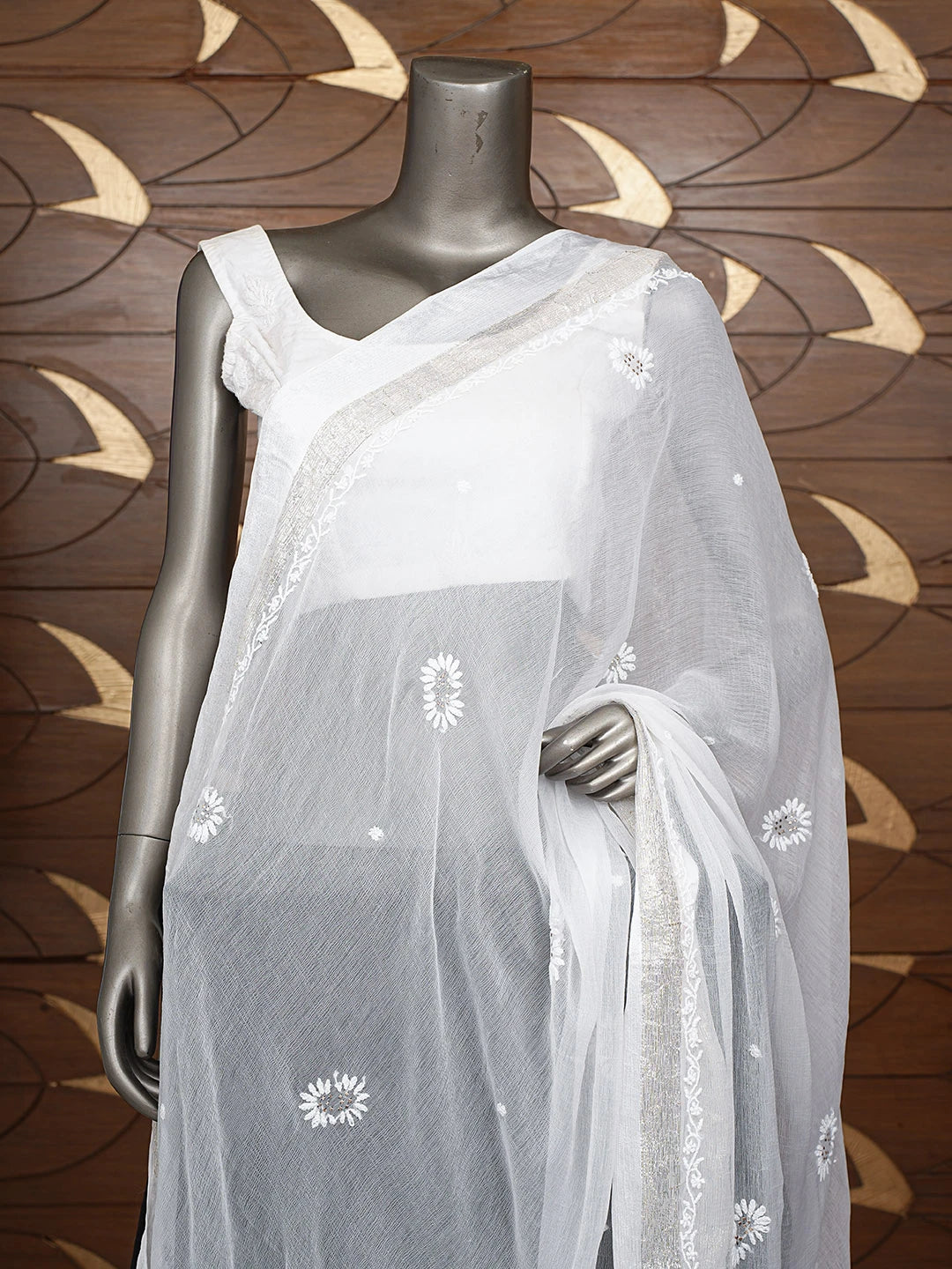 Ada Hand Embroidered White Chiffon Lucknowi Chikankari Dupatta With Mukaish Work 01A731209