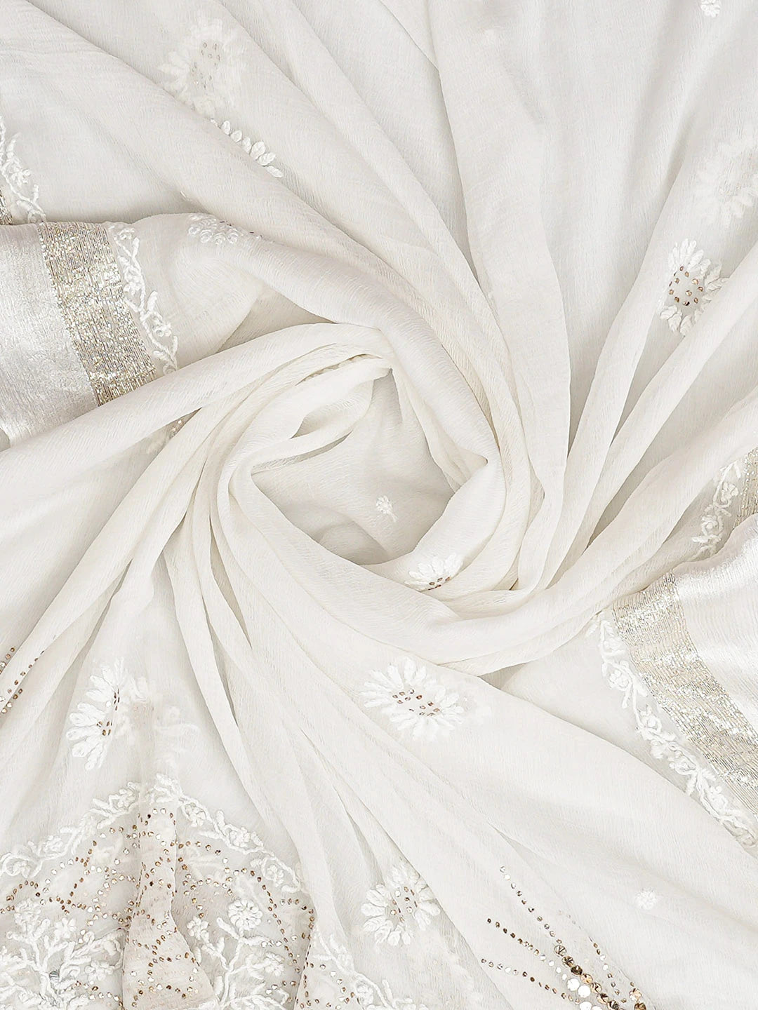 Ada Hand Embroidered White Chiffon Lucknowi Chikankari Dupatta With Mukaish Work 01A731209