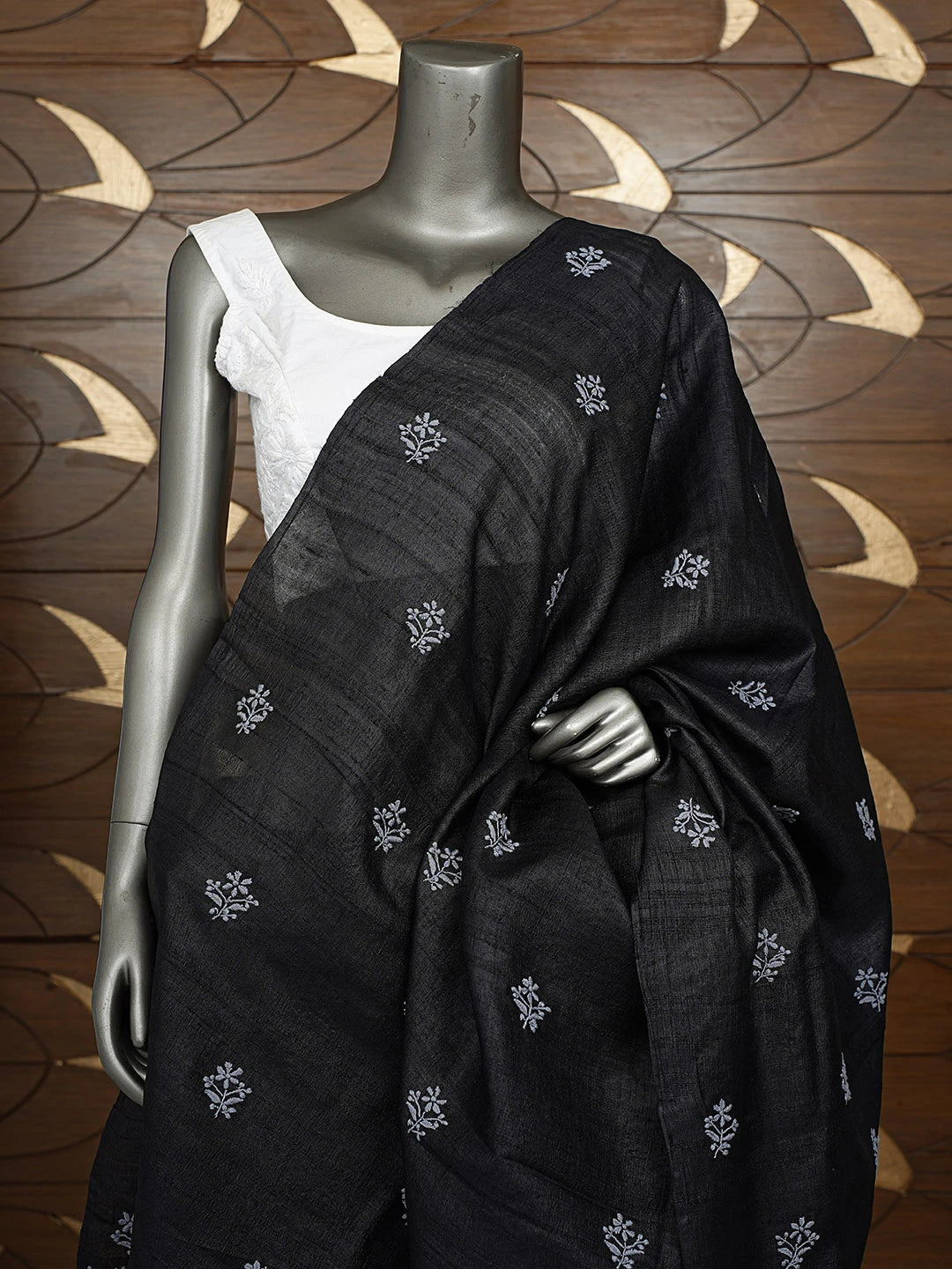 Ada Hand Embroidered Black Tussar Silk Lucknowi Chikankari Dupatta 01A844000